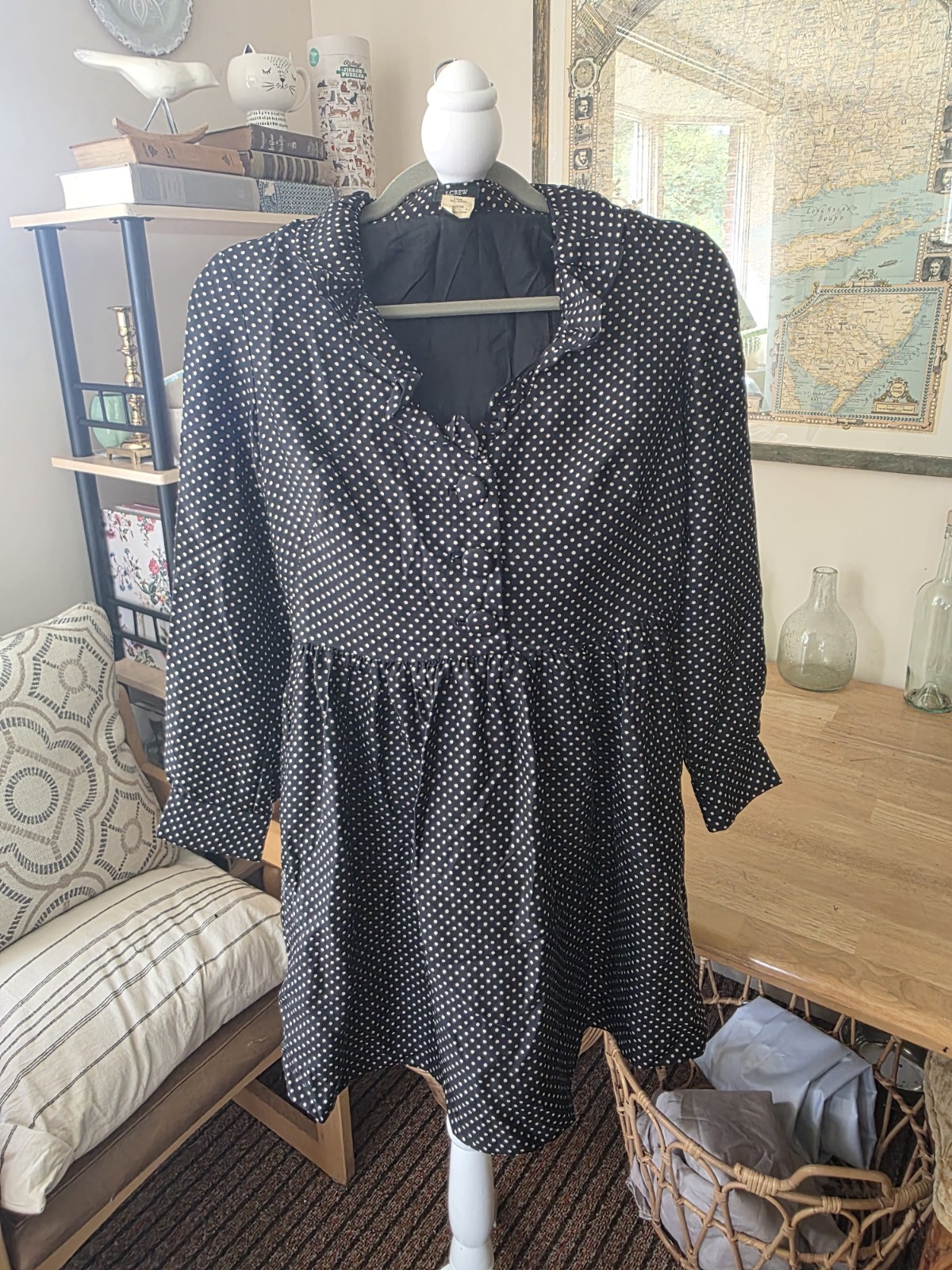 vintage J Crew polka dot Y2K holiday 100% silk lined party dress EUC black ivory