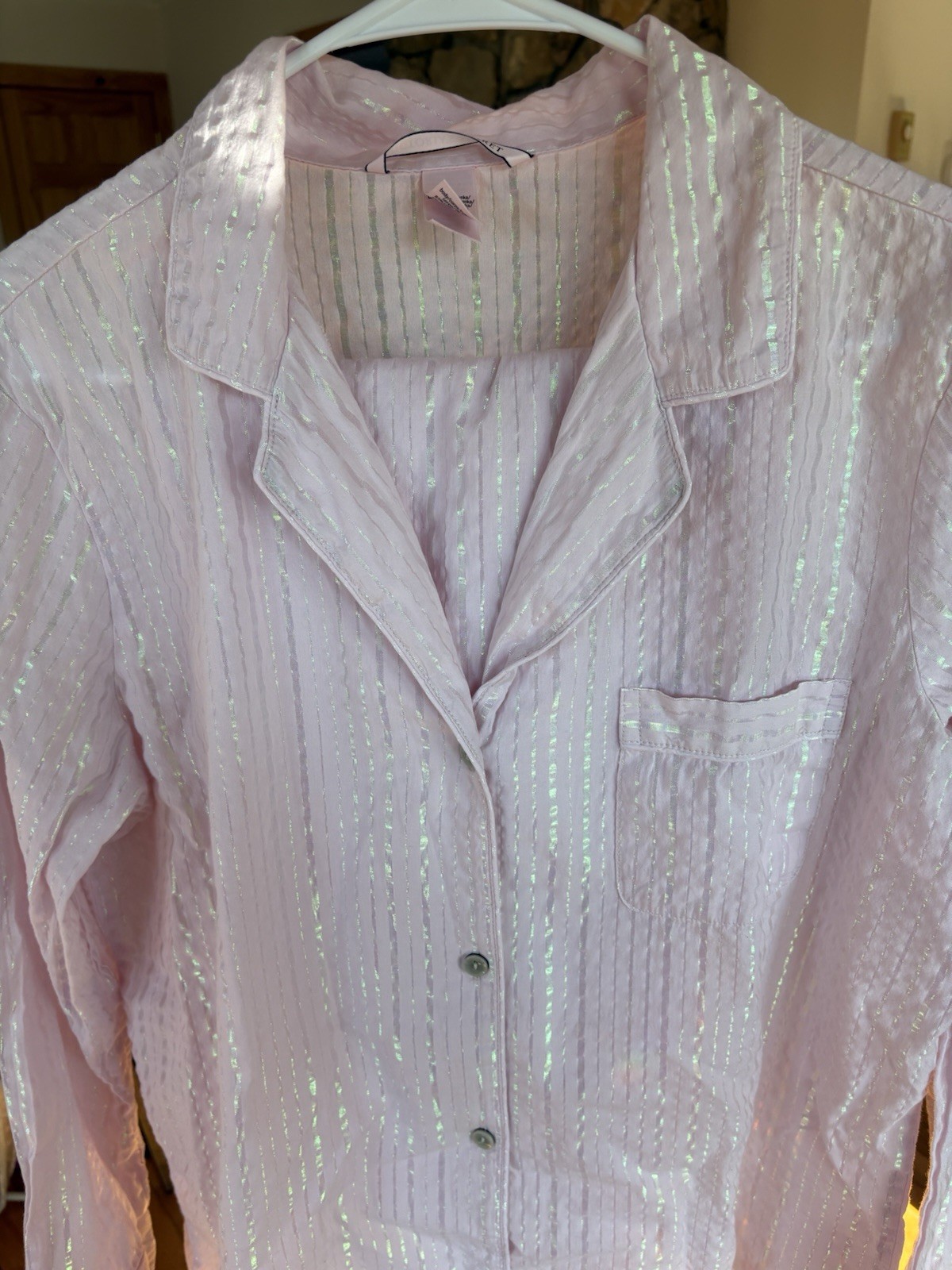 Victorias Secret Medium Tall Pink PJ Set Long Sleeve Shimmer Inseam 31 inches