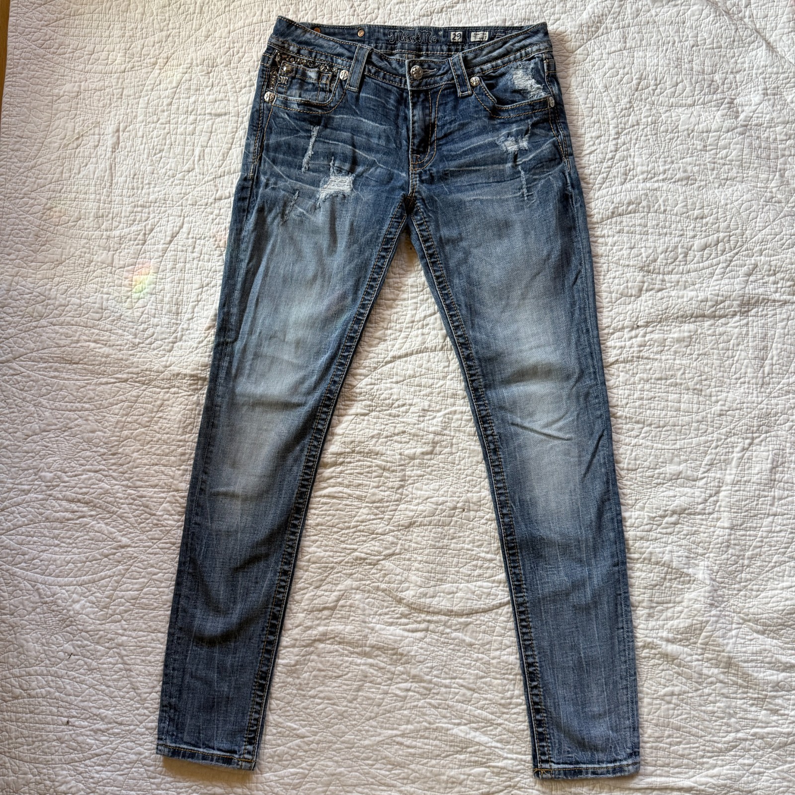 Miss Me Signature Skinny Medium Wash Mid Rise Jeans Embroidered Rhinestone Sz 29