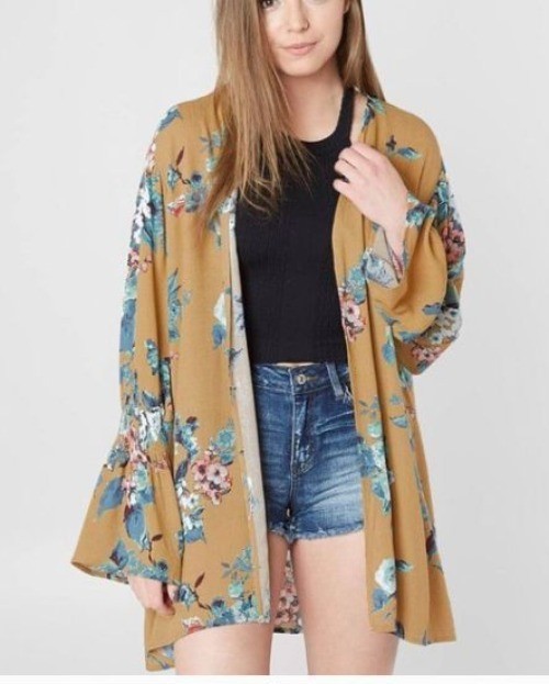 GIMMICKS by BKE 100% Rayon Floral Kimono Wrap Brown Blue Pink Boho Colorful