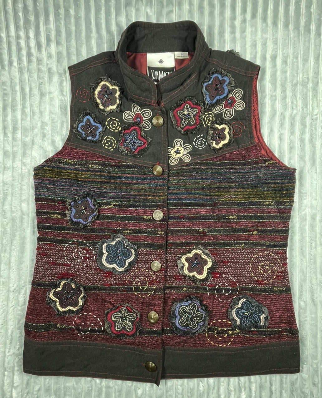 Yak Magik Vest Women’s S Multicolor Patchwork Artsy Boho Button Up Embroidered
