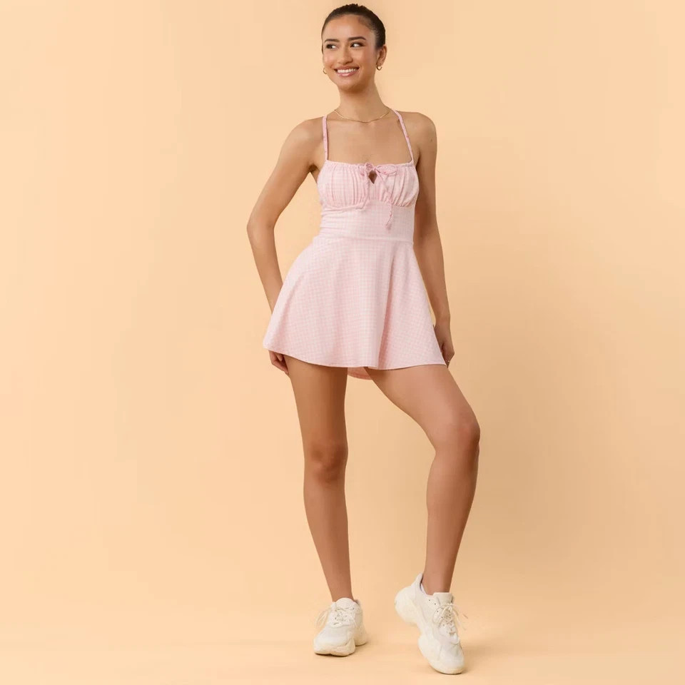 Blogilates Women’s Tie Front Twirl Dress – Pink Gingham XS NWT