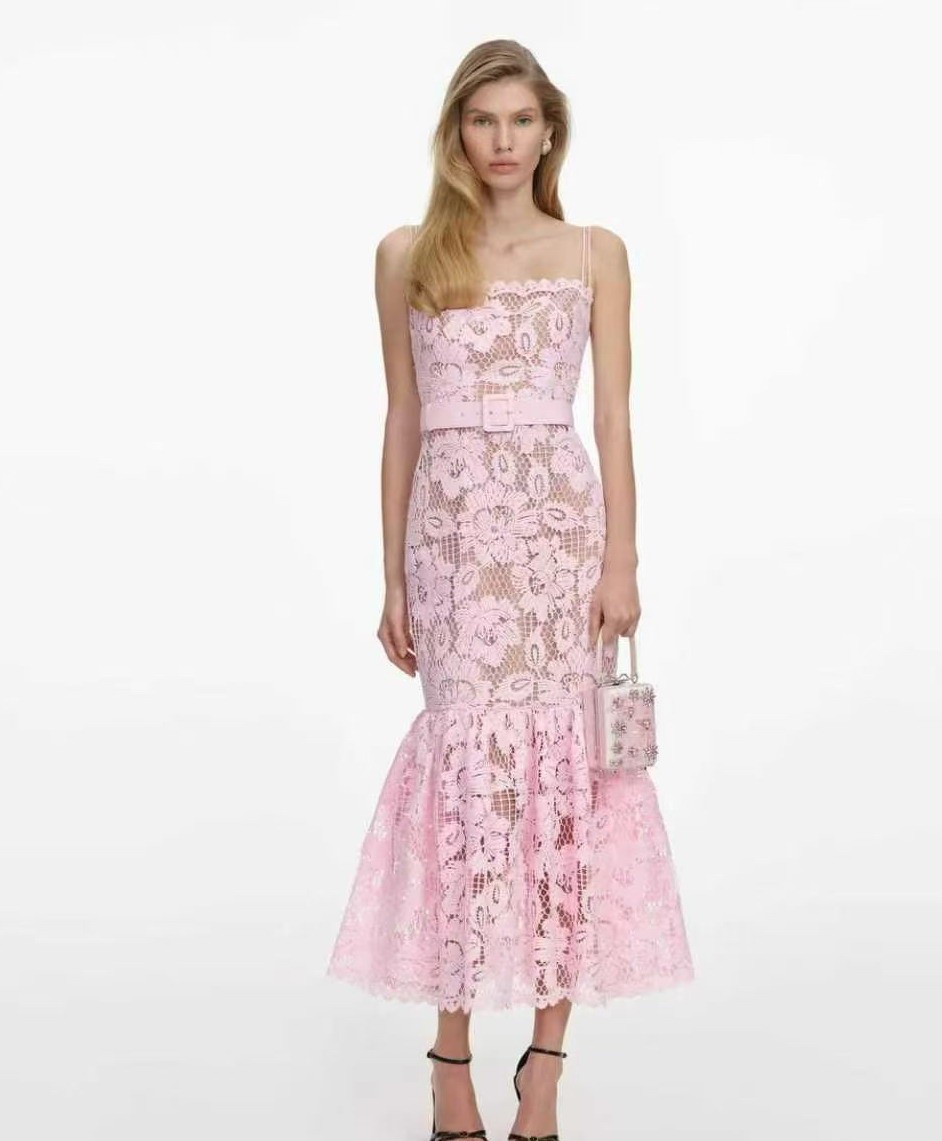 Self-Portrait Women’s Pink Lace Strapless Dress + Belt –