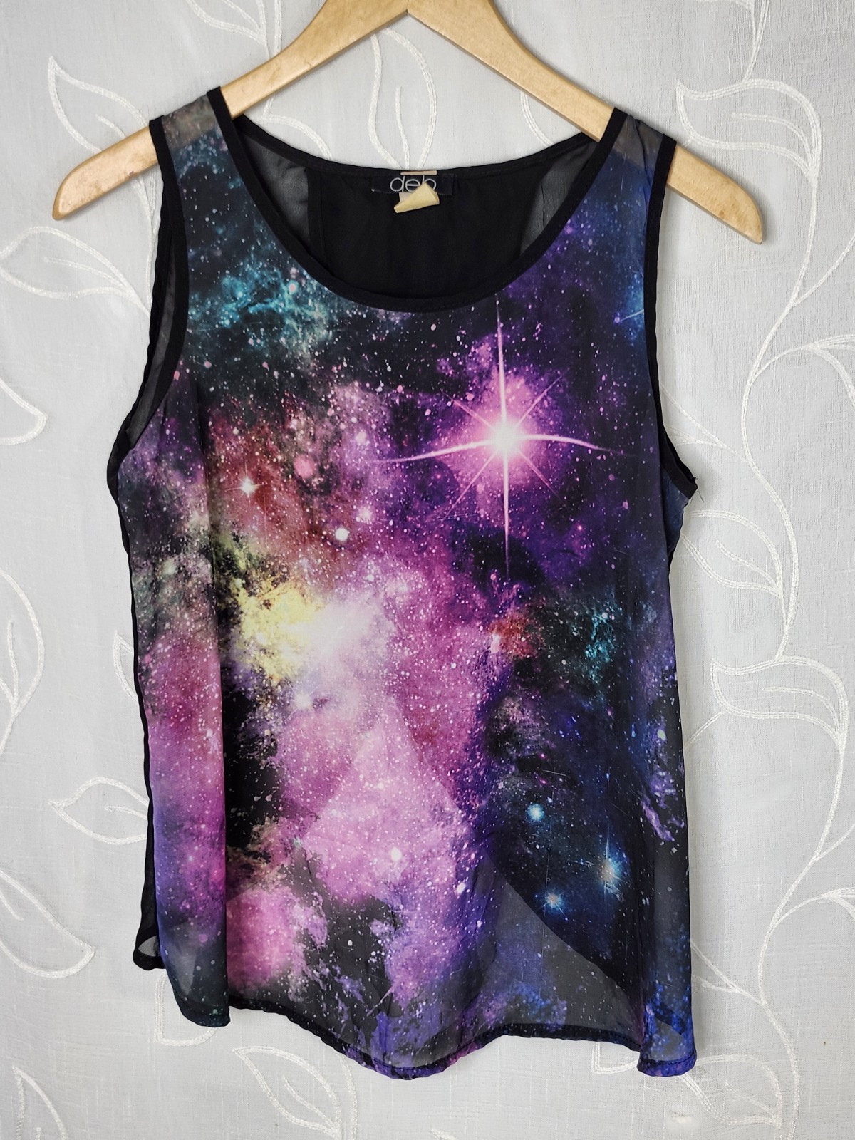 Vintage 90s Y2K DEB Galaxy Print Chiffon Sheer Tank Top Grunge Fairy Size L