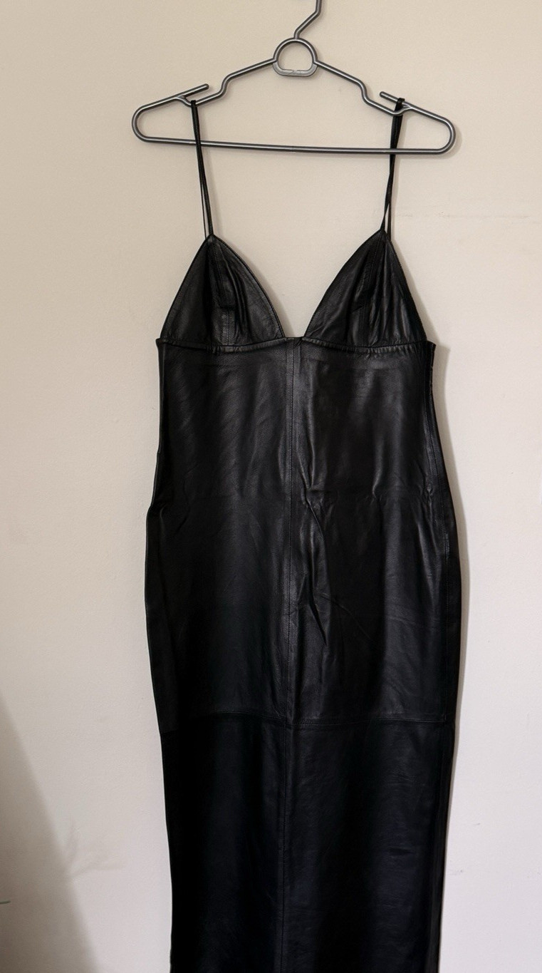 Leather Womens Spaghetti Strap detail Midi dress in Black Size M