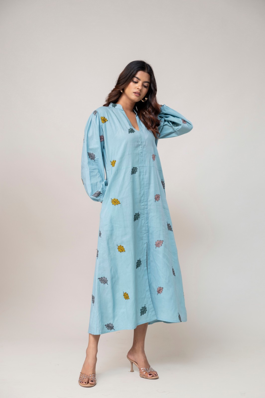Hand Embroidered Cotton Midi Dress, Sky Blue Boho Leaf Print, Cottagecore Style