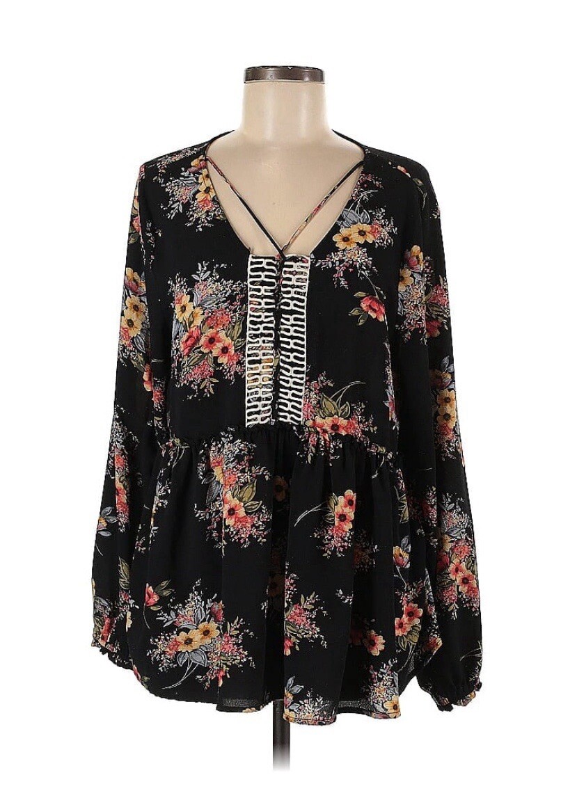 NEW Entro Blouse Women’s M Floral Long Sleeve Babydoll Top Black