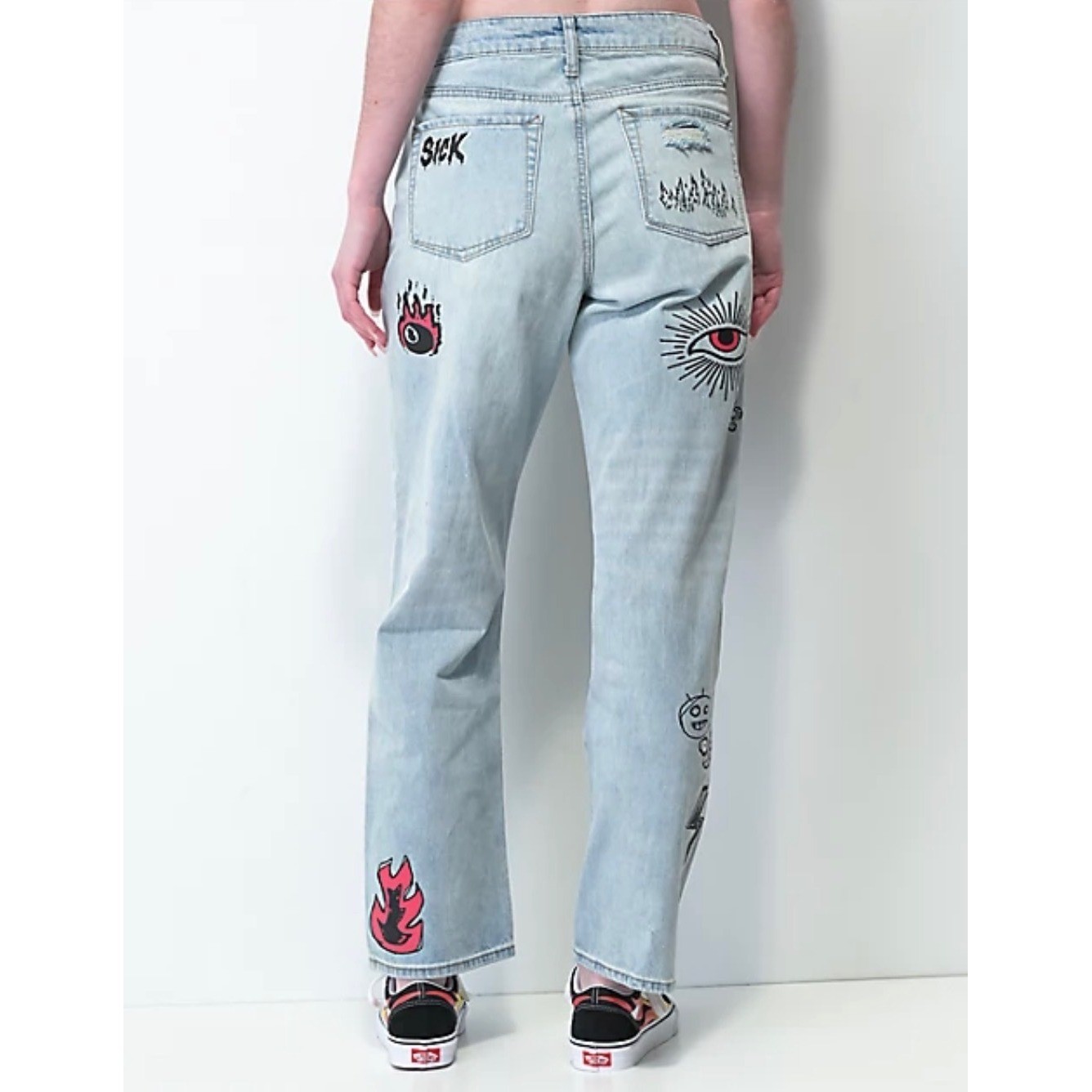 Ninth Hall Sire Womens Dad Fit Distressed Graphic Jeans Light Wash Skulls Size 3