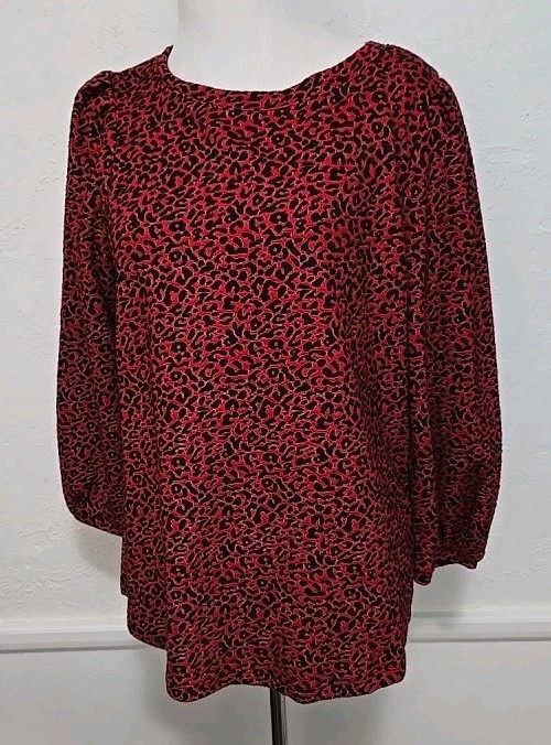 Multiples Top Red Leopard Animal Print Womens Size S Jersey Knit Tee 3/4 Sleeve