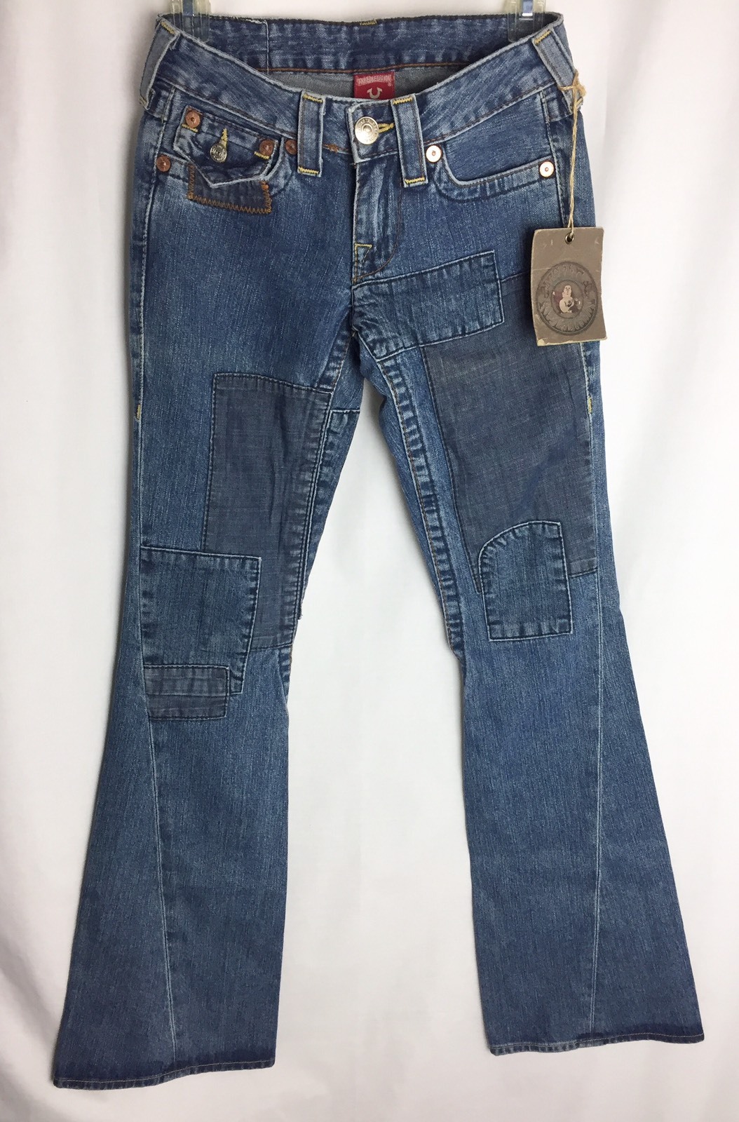 NWT True Religion Joey Patch Old Stone Twisted Flare Jeans 25×32 Retail $240