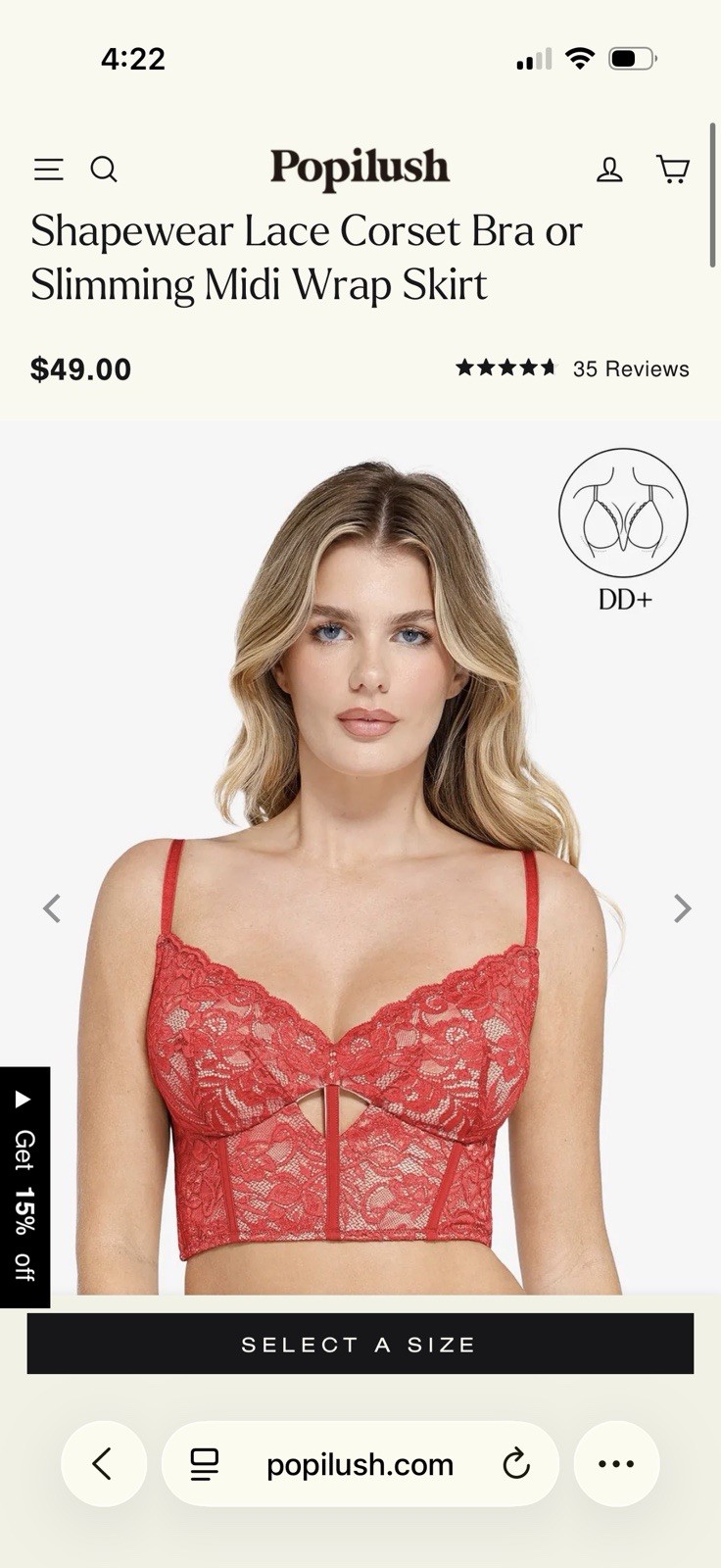 Popilush Red Floral Lace Longline Underwired Bra Size M Hook & Eye Adjustable