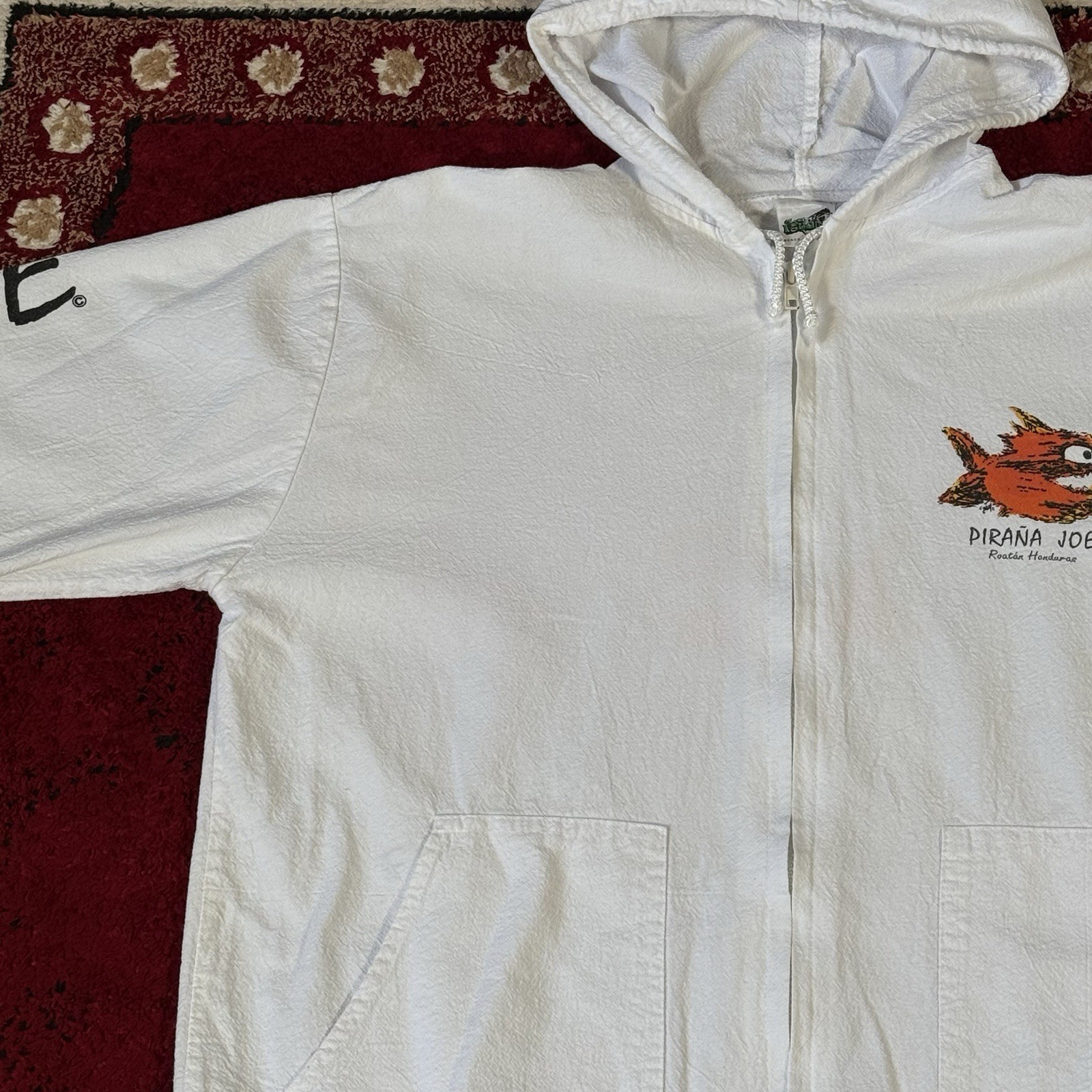 Vintage Piraña Joe Roatan Honduras Full Zip Linen Hoodie Beach Jacket Size M