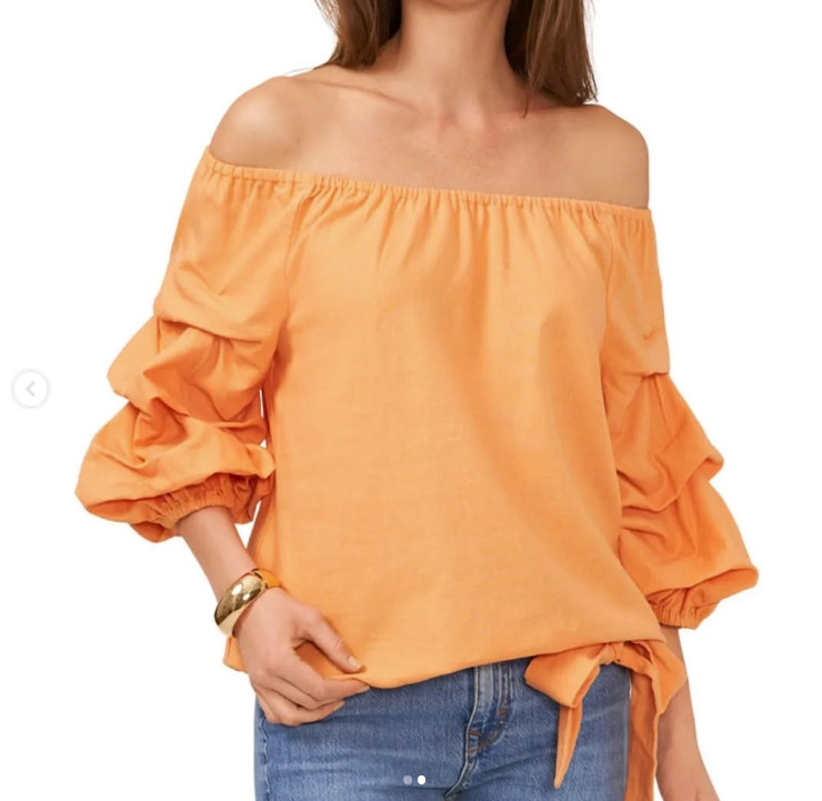 Vince Camuto Womens Off-The-Shoulder Bubble Sleeve Warm Orange Linen Choose Size