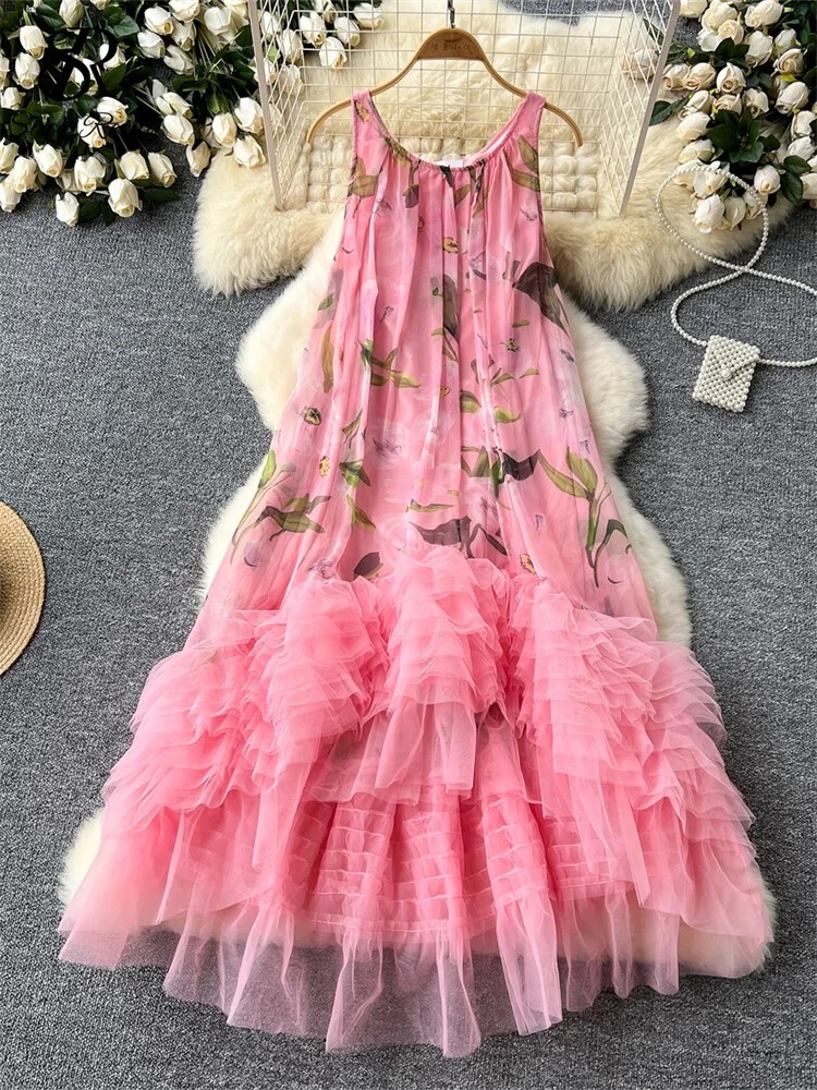 French Vintage Print Dress O-Neck Spaghetti Strap Irregular Ruffles Beach Dress