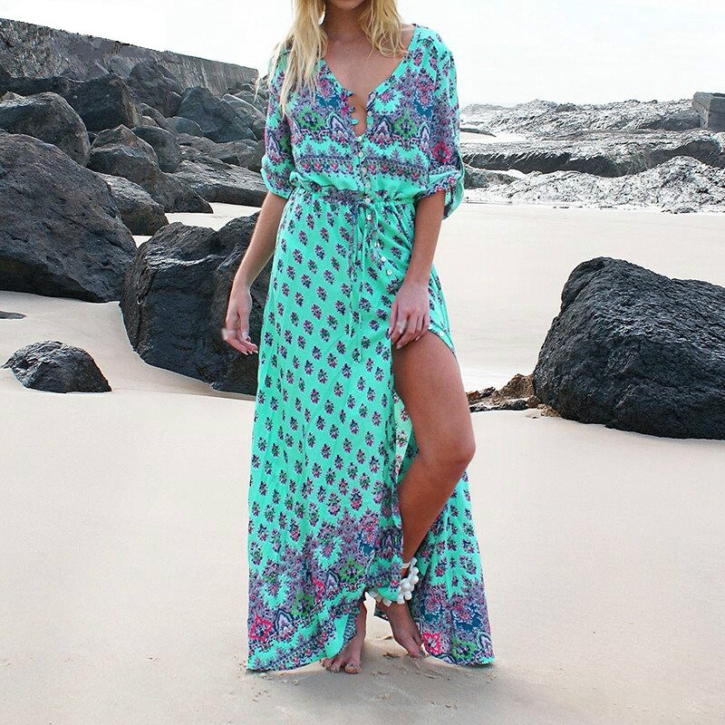 Women’s Casual Sundress Boho Beach Slit Long Maxi Floral Summer Beach Dress