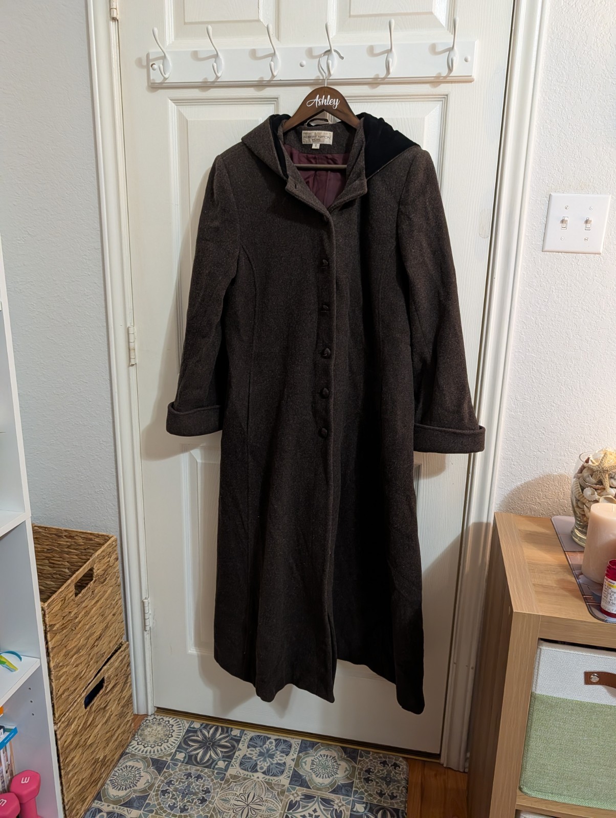 Albert Nipon Studio Dark Brown Wool Hooded Button Front Long Overcoat Size 12