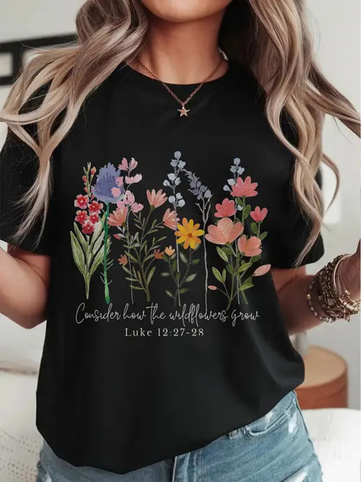 Women’s Floral Luke 12:27 Bible Verse Graphic T-Shirt Casual Church Tee Top