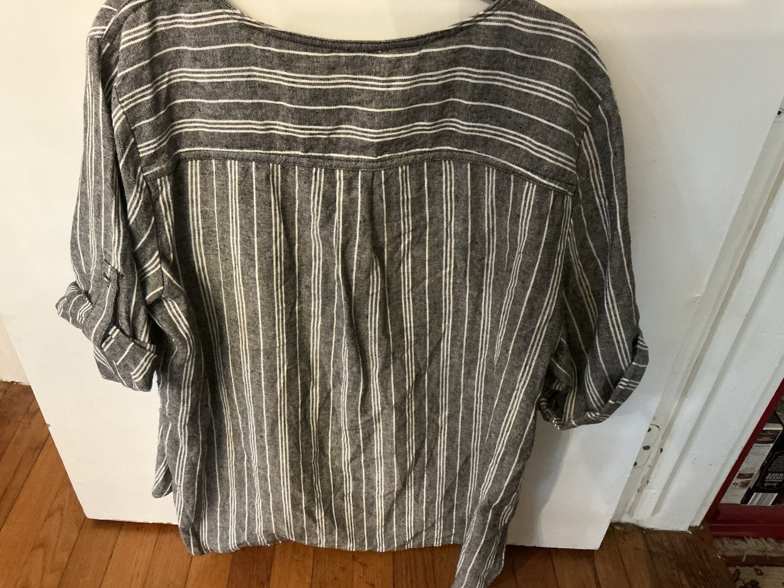 Quality Anne Klein 3/4 Zip Tunic, Gray/White Stripes, Monogram Buttons Silver