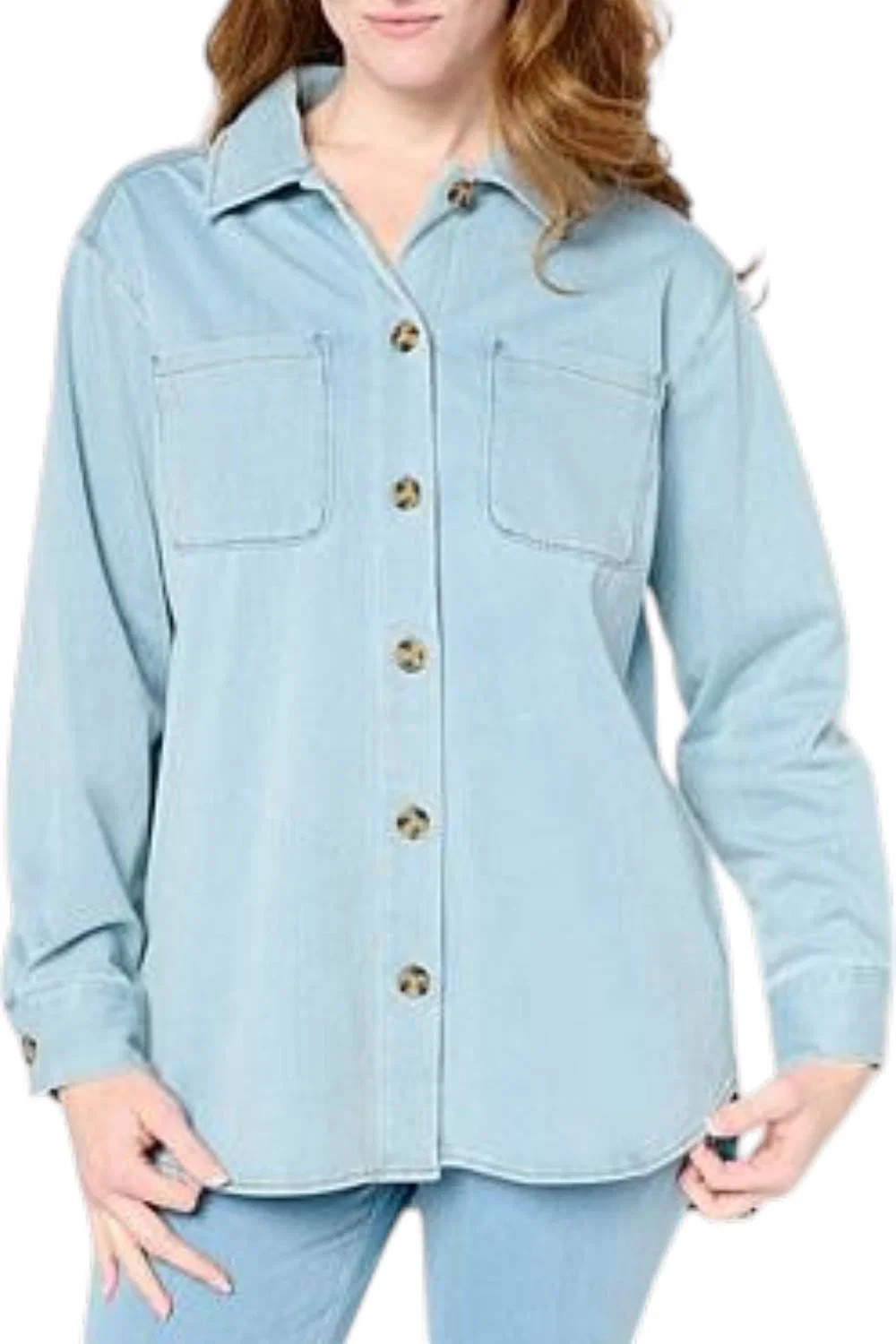 Nina Leonard Women’s Stretch Knit Denim Collared Shirt Bleach Wash