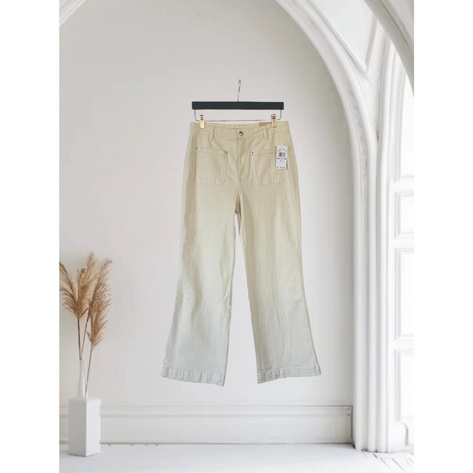 MICHAEL KORS SELMA FLARE COTTON HIGH RISE DENIM JEANS CREAM 10