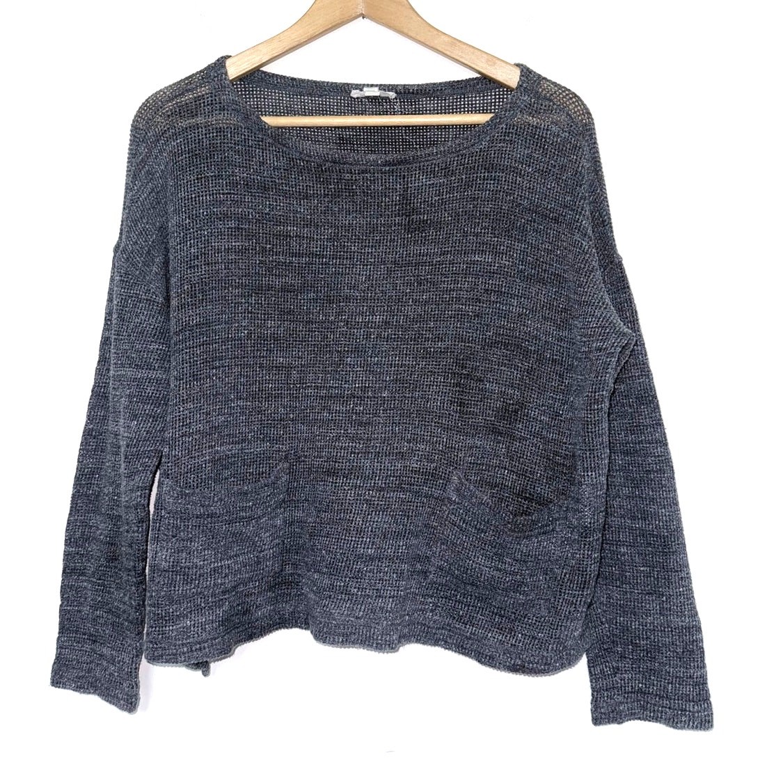 EILEEN FISHER gray open knit 100% cotton cropped pocket casual top blouse sz M