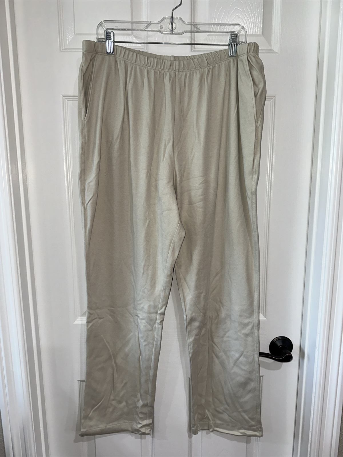 Lands’ End 1X Petite Pull On Sport Knit Pant Elastic Waist Pockets Light Stone