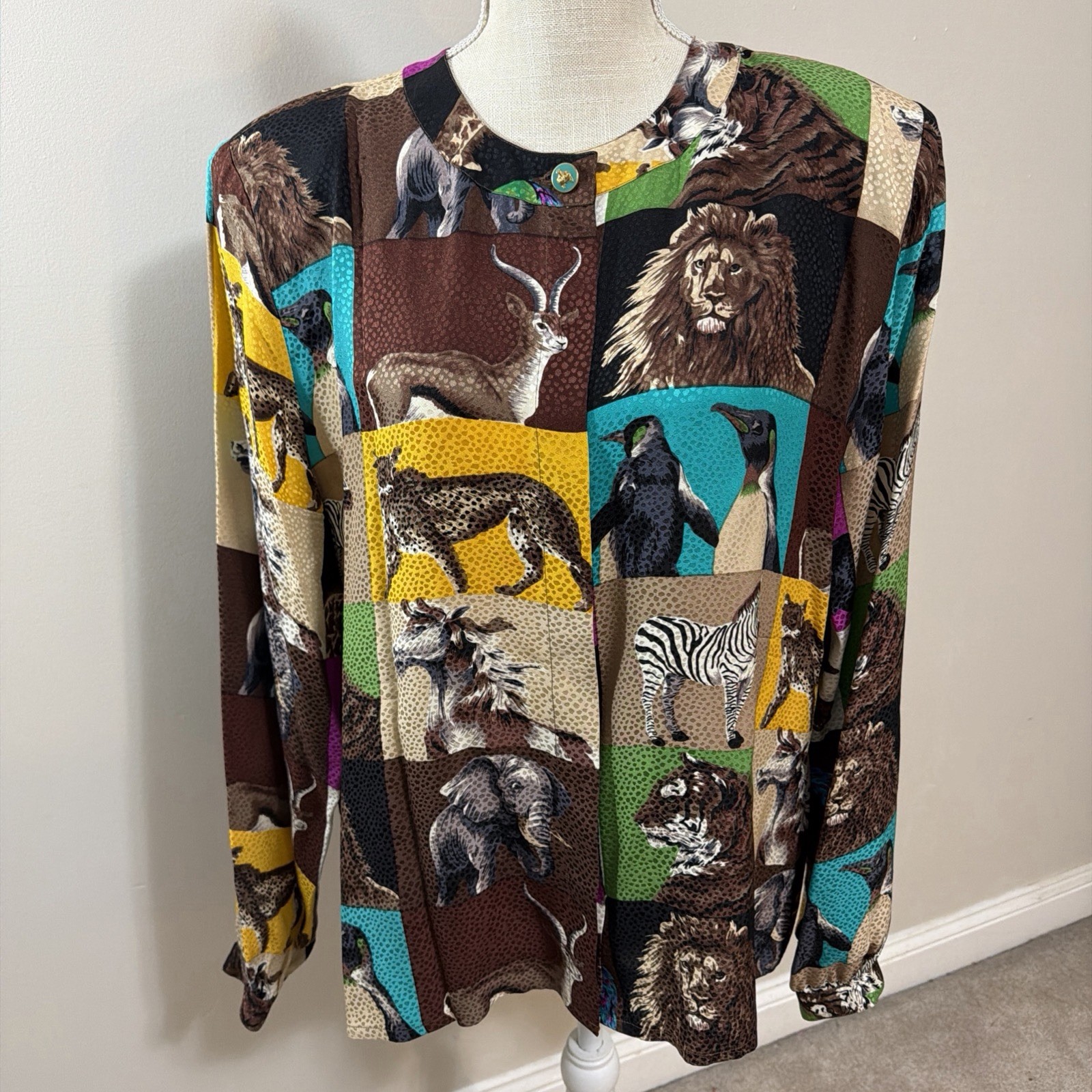 Vtg Jerri Sherman 100% Silk Blouse Wild Animals Size 16