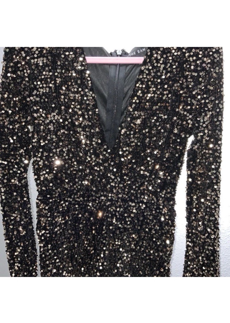 The San Black Sequin V-Neck Long Sleeve Long Dress Size S Party/Cocktail