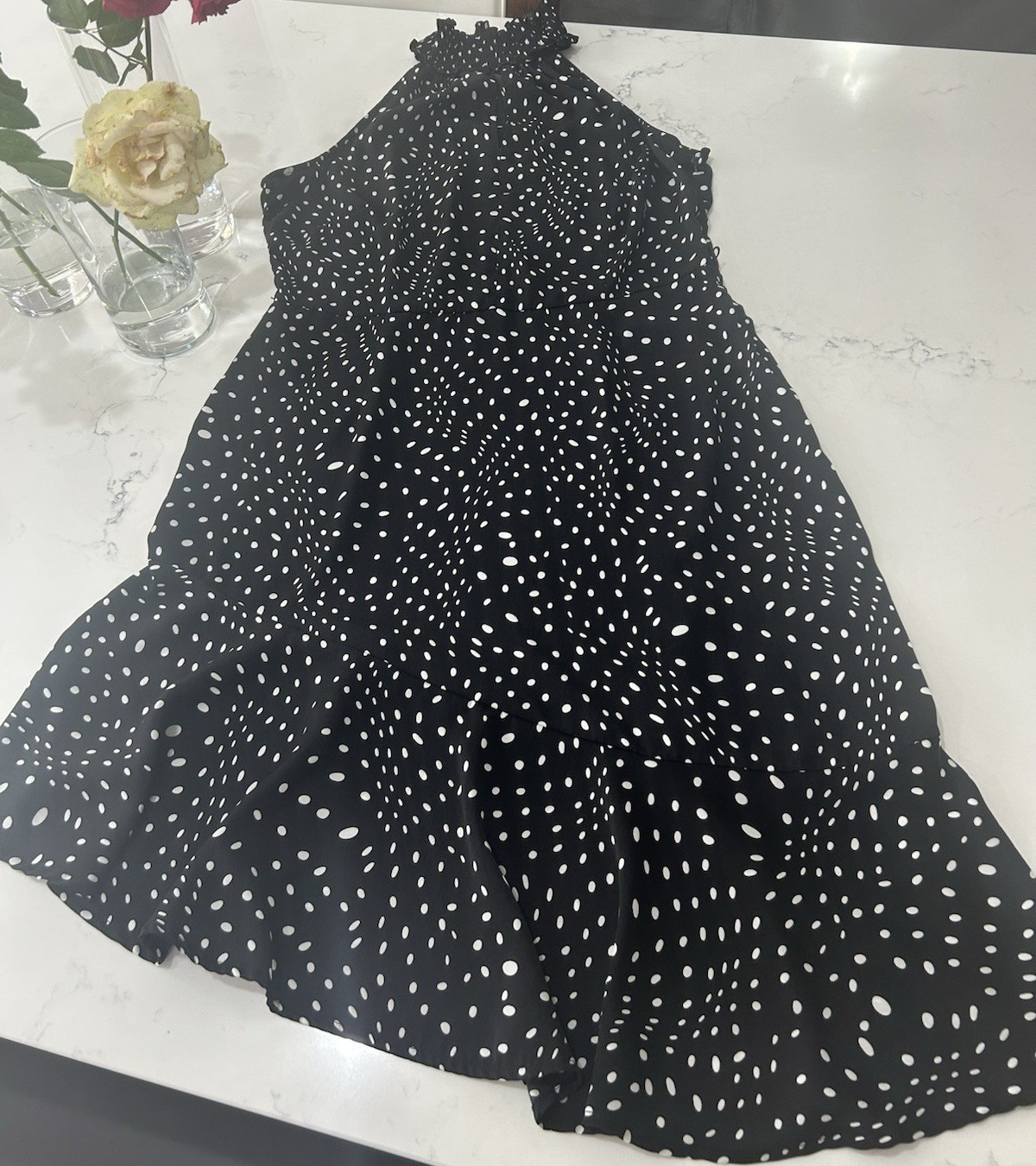 Lascana Womens 10 Black White Polka Dot Halter Dress Smocked Asymmetric Midi EUC