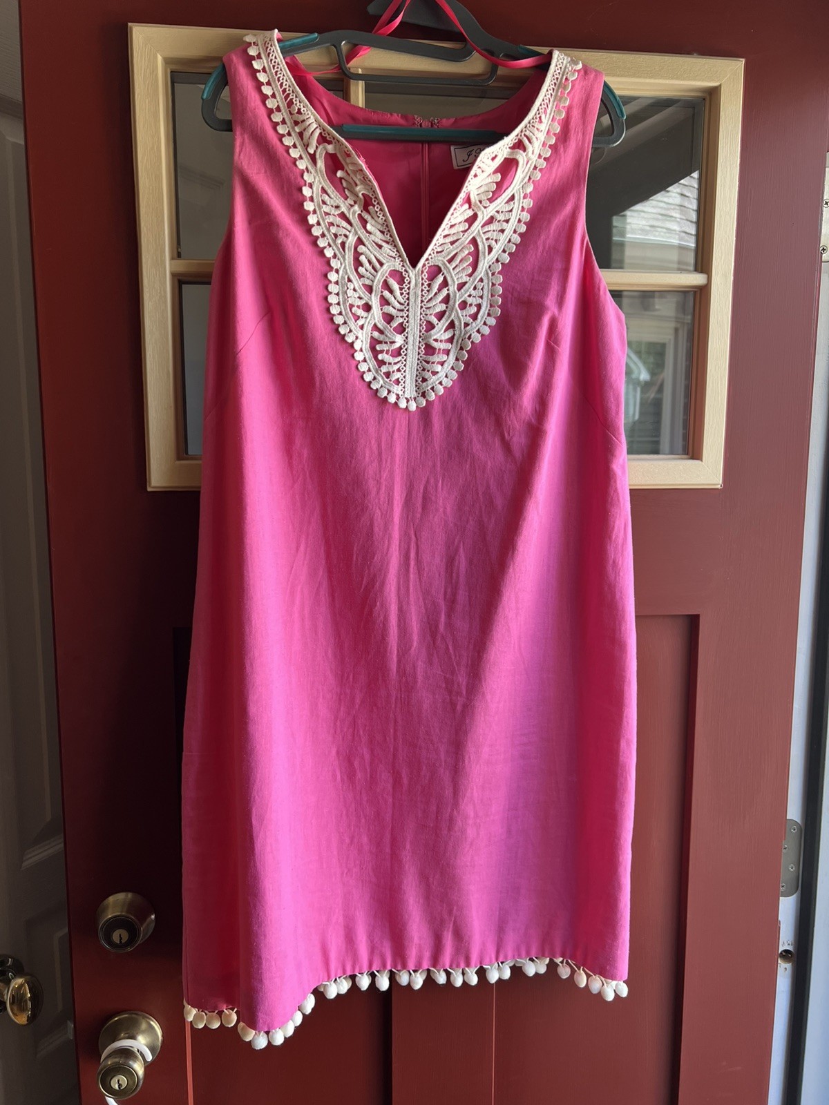 Jessica J Howard Size 12 Pink Linen Blend Embroidered Pom Hem Spring Dress