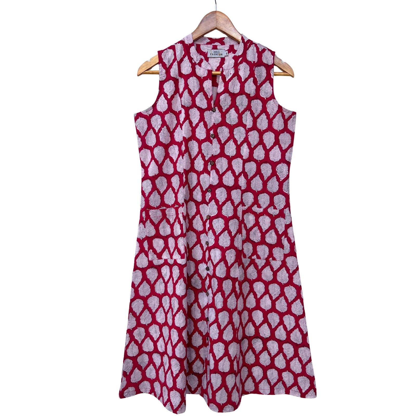 Women’s Block Print Cotton Kurti Dress Red Leaf Print Sleeveless A-Line S – XL