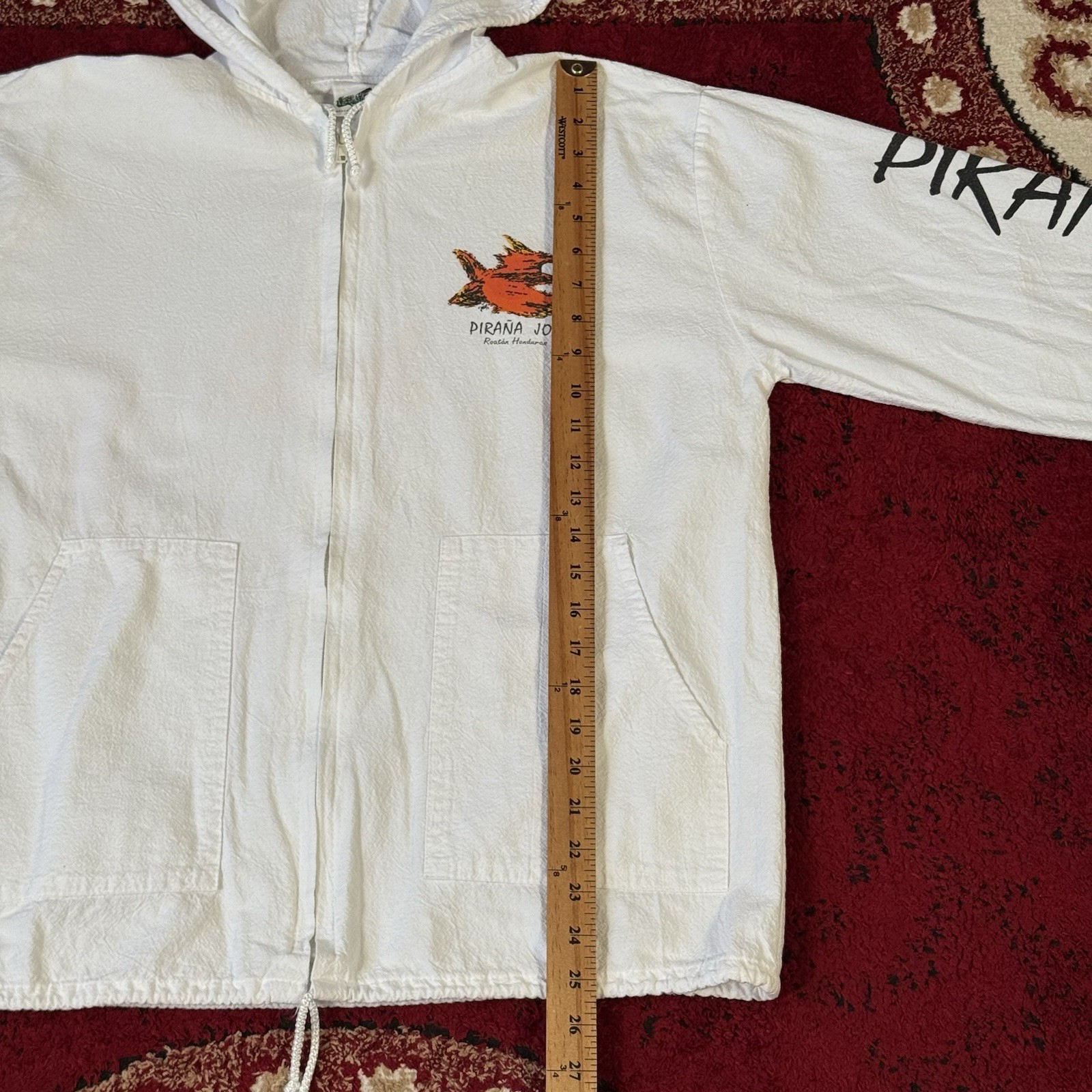 Vintage Piraña Joe Roatan Honduras Full Zip Linen Hoodie Beach Jacket Size M