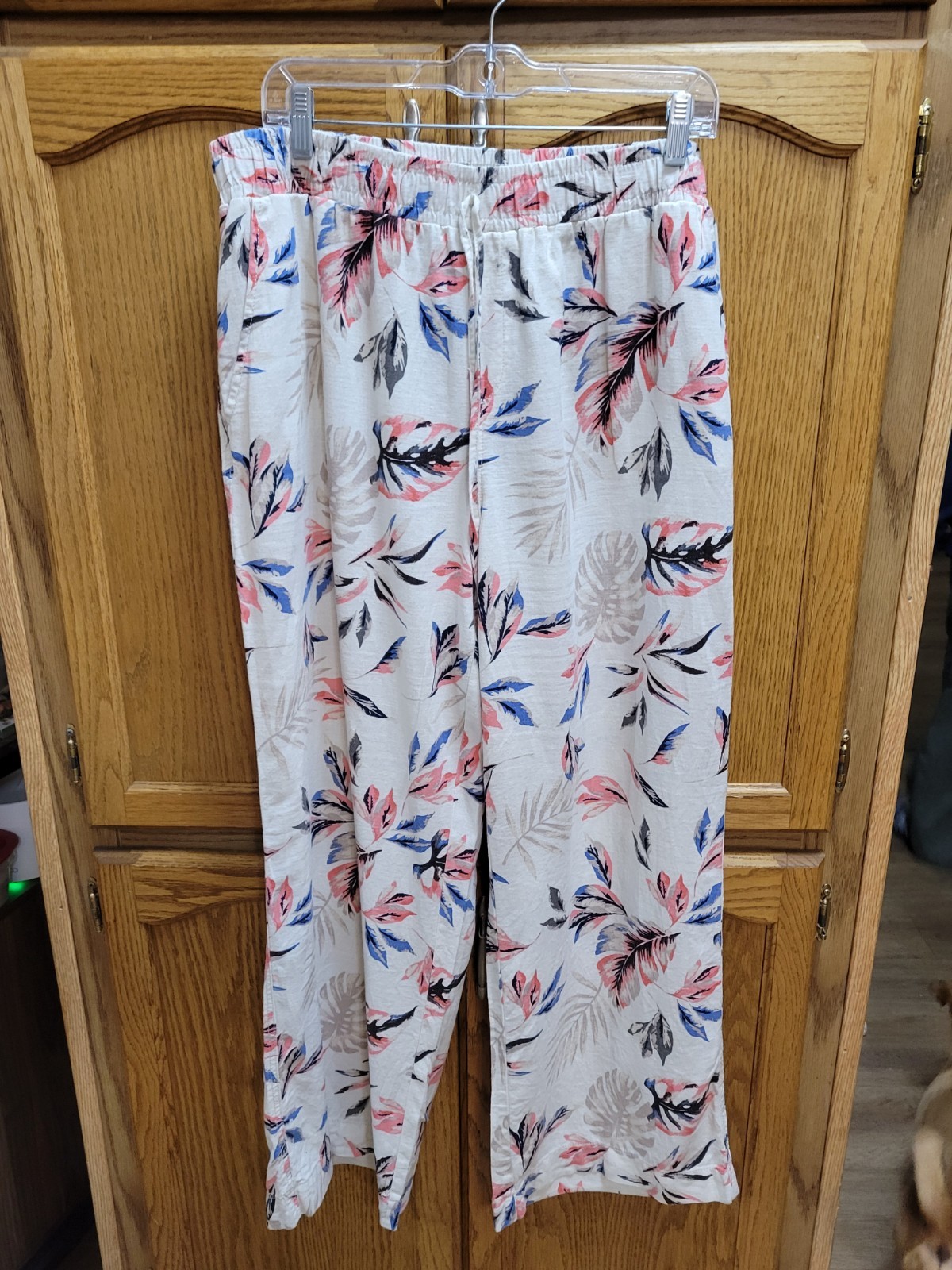 Crème & Floral Beach Pants, 55% Linen/45% Rayon,Elastic Waist By BRIGGS Sz XL