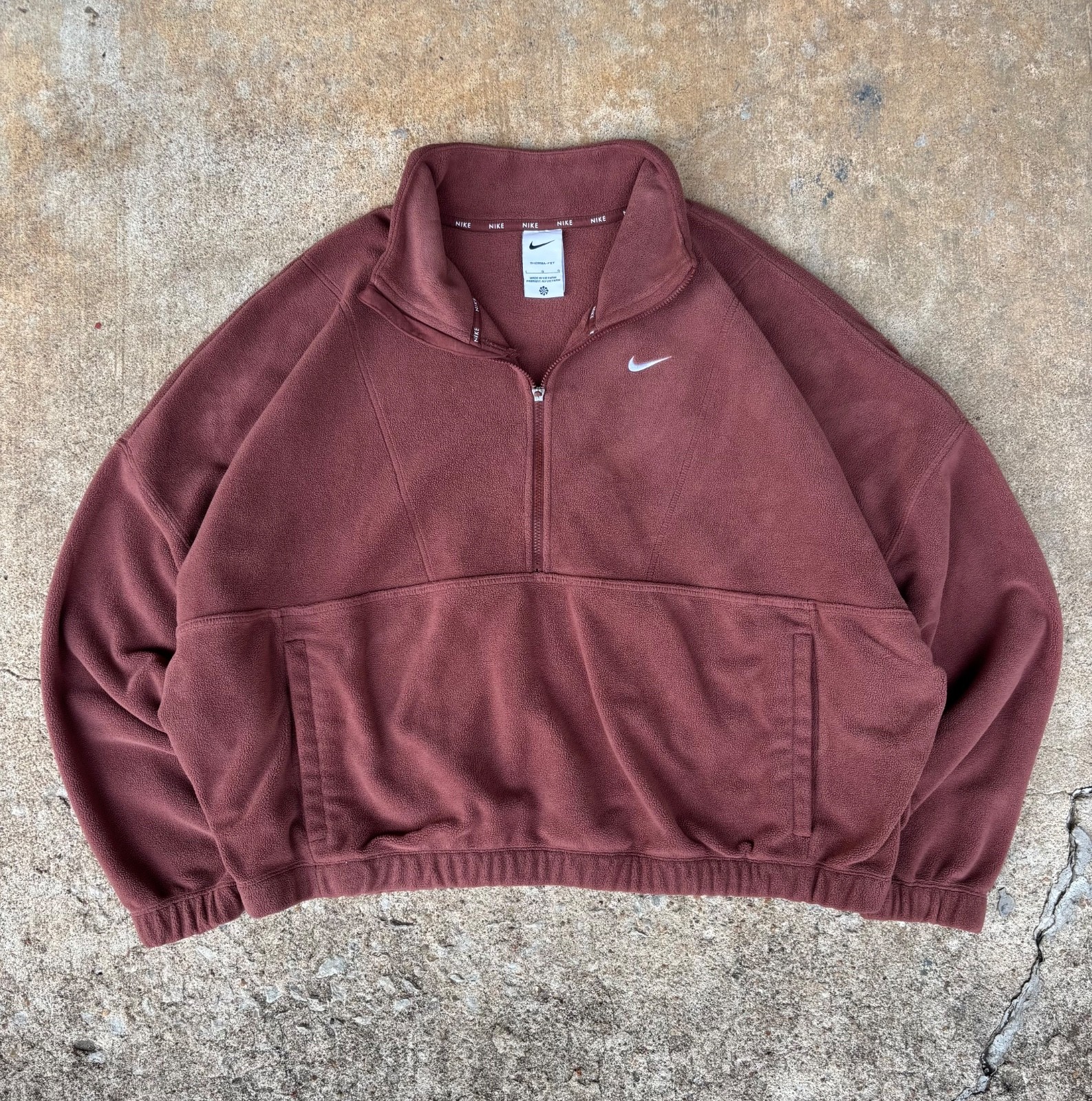 Nike Therma FIT 1/2 Zip Fleece Pullover Brown Cropped Oversized Swoosh Size L
