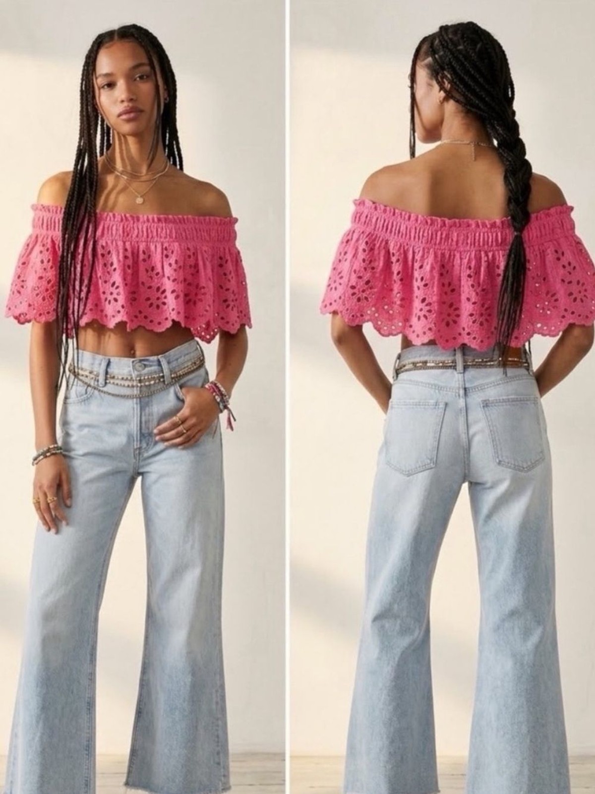 New Free People One Perla Pink Eyelet Lace Off The Shoulder Top L