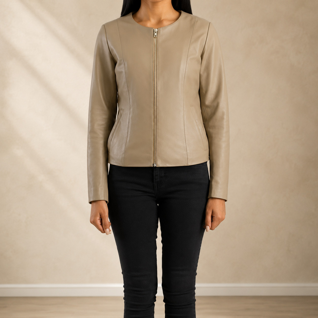 Women’s Beige Faux Leather Jacket Zip Up Slim Fit Casual Biker Moto Coat