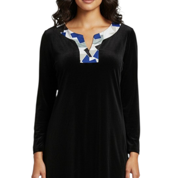 NWT Chico’s Travelers BLACK TUNIC TOP Satin Blue/White Geo Print Collar SZ L/2