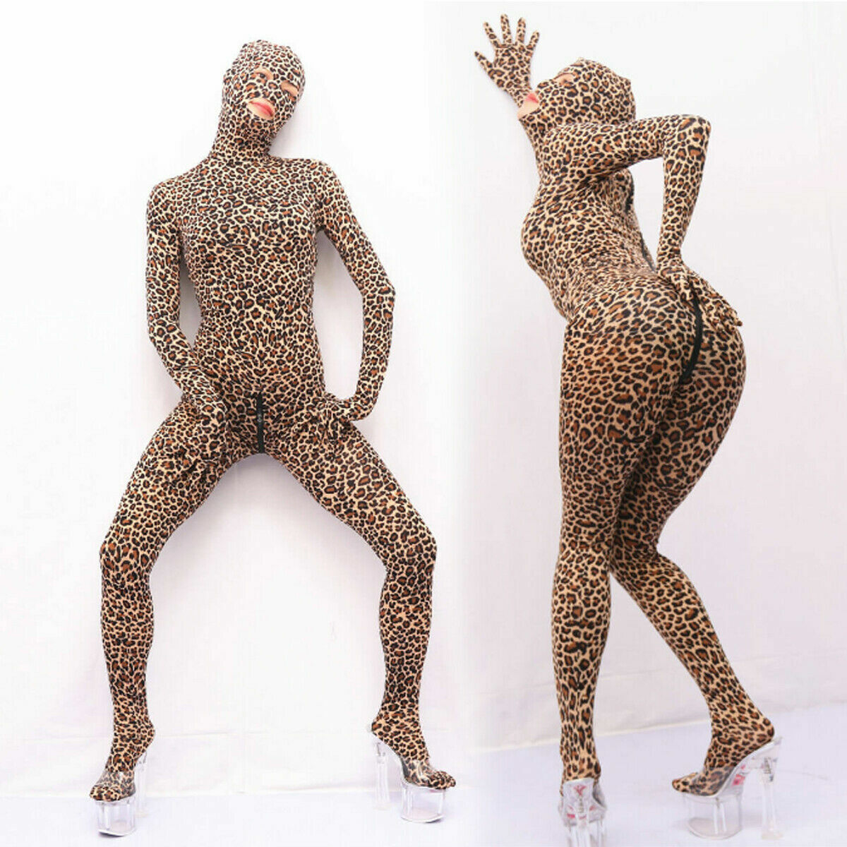 Women Leopard Zipper Zentai Party Costume Bodysuit with gloves Anti-Hook hood