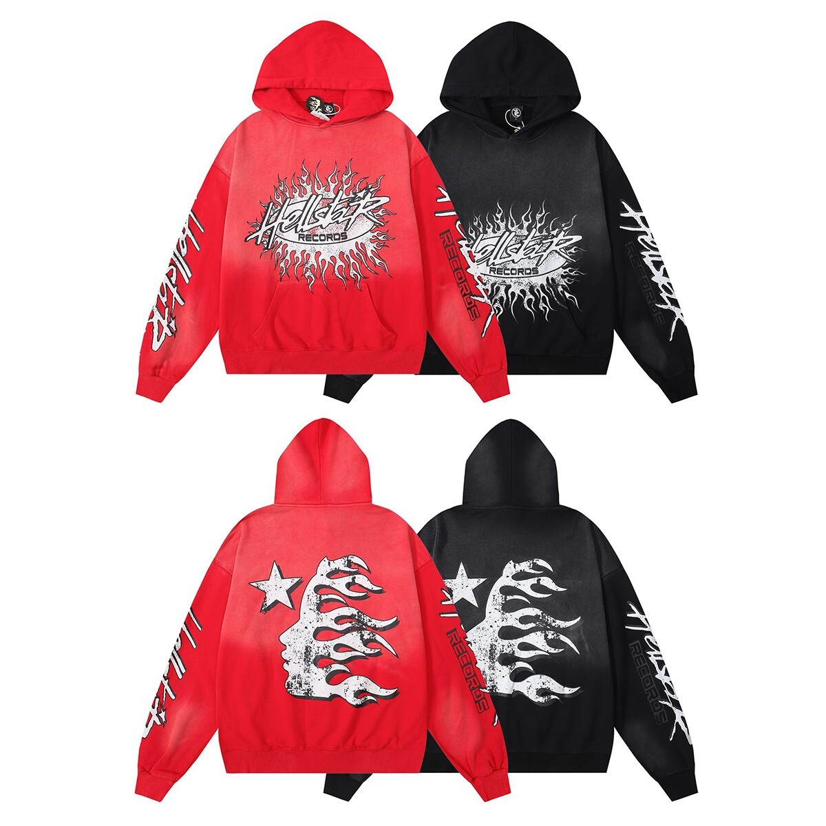 Hell Red Flare star Retro washed distressed Print Loop Loose Men Women Hoodie