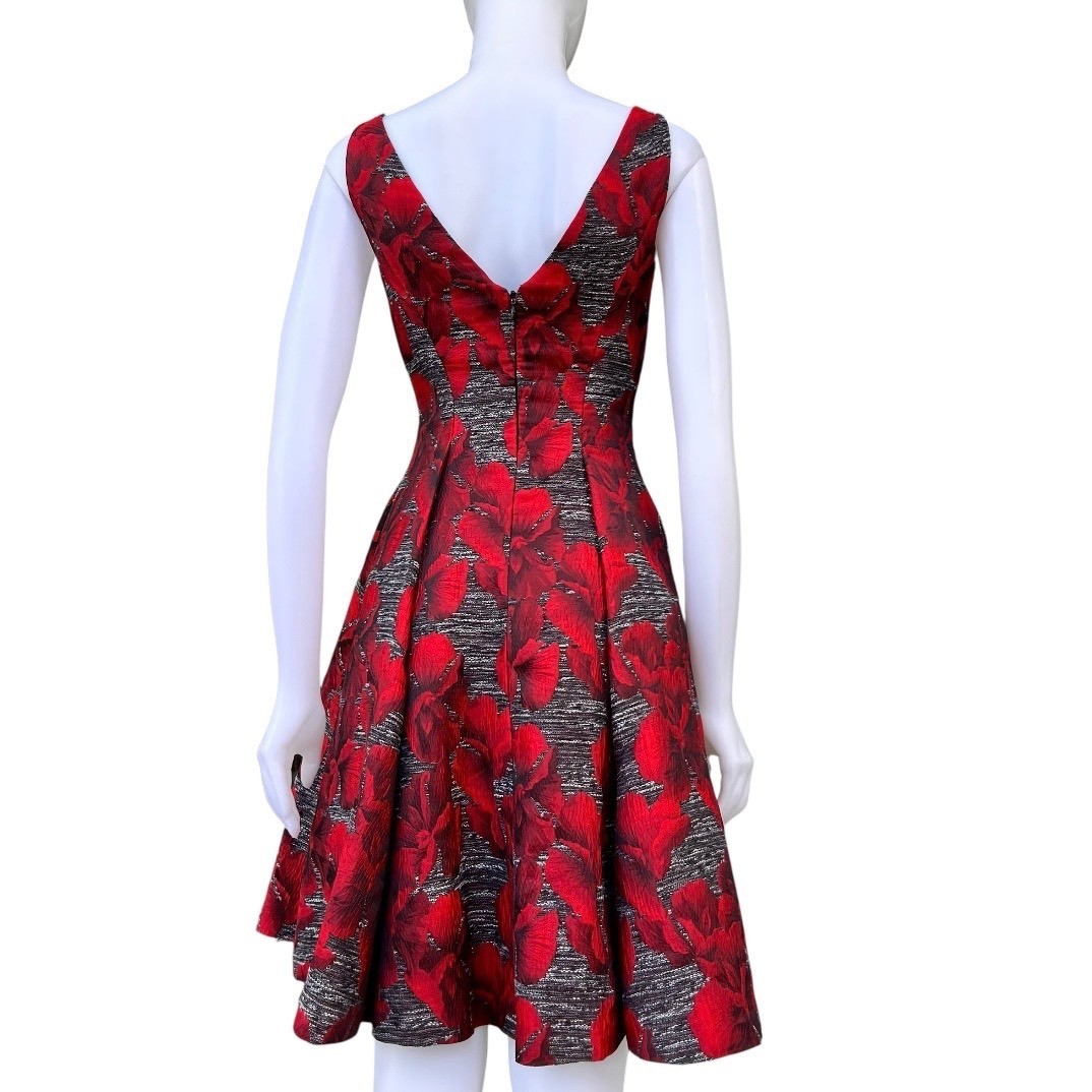 Adrianna Papell Floral Jacquard Fit & Flare Dress Red Black V-Back Old Money 4