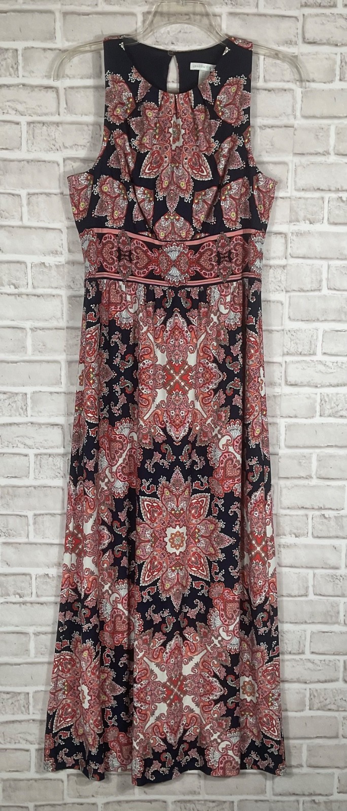 London Times Maxi Dress Womens Sz 12 Navy Blue Ivory Paisley Pullover Sleeveless