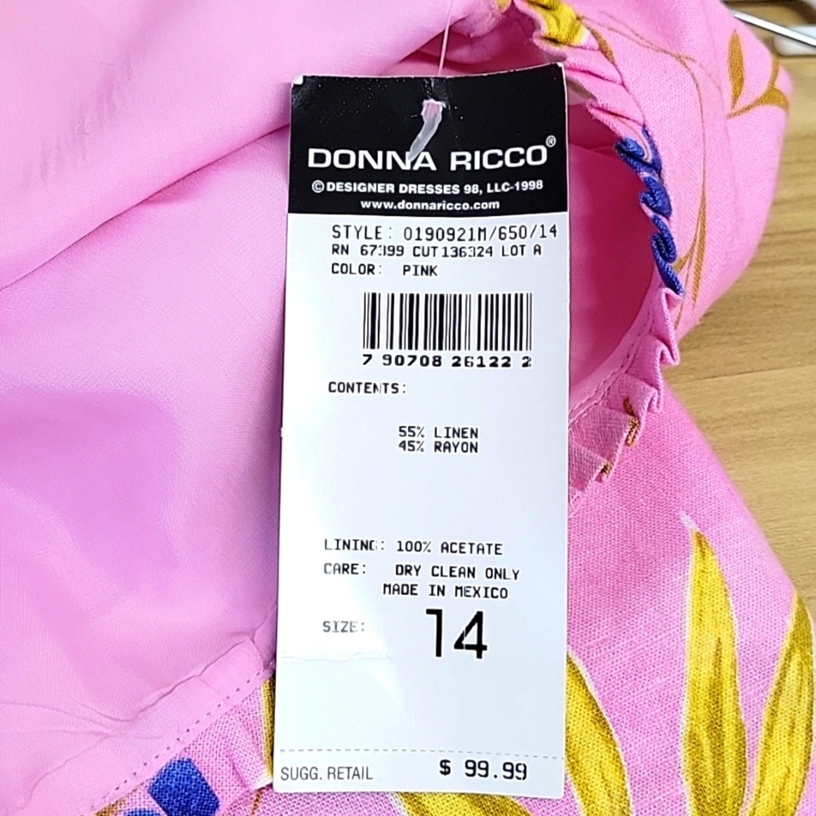 Donna Ricco New York 55% Linen 45% Rayon Pink Floral Dress Fully Lined Size 14