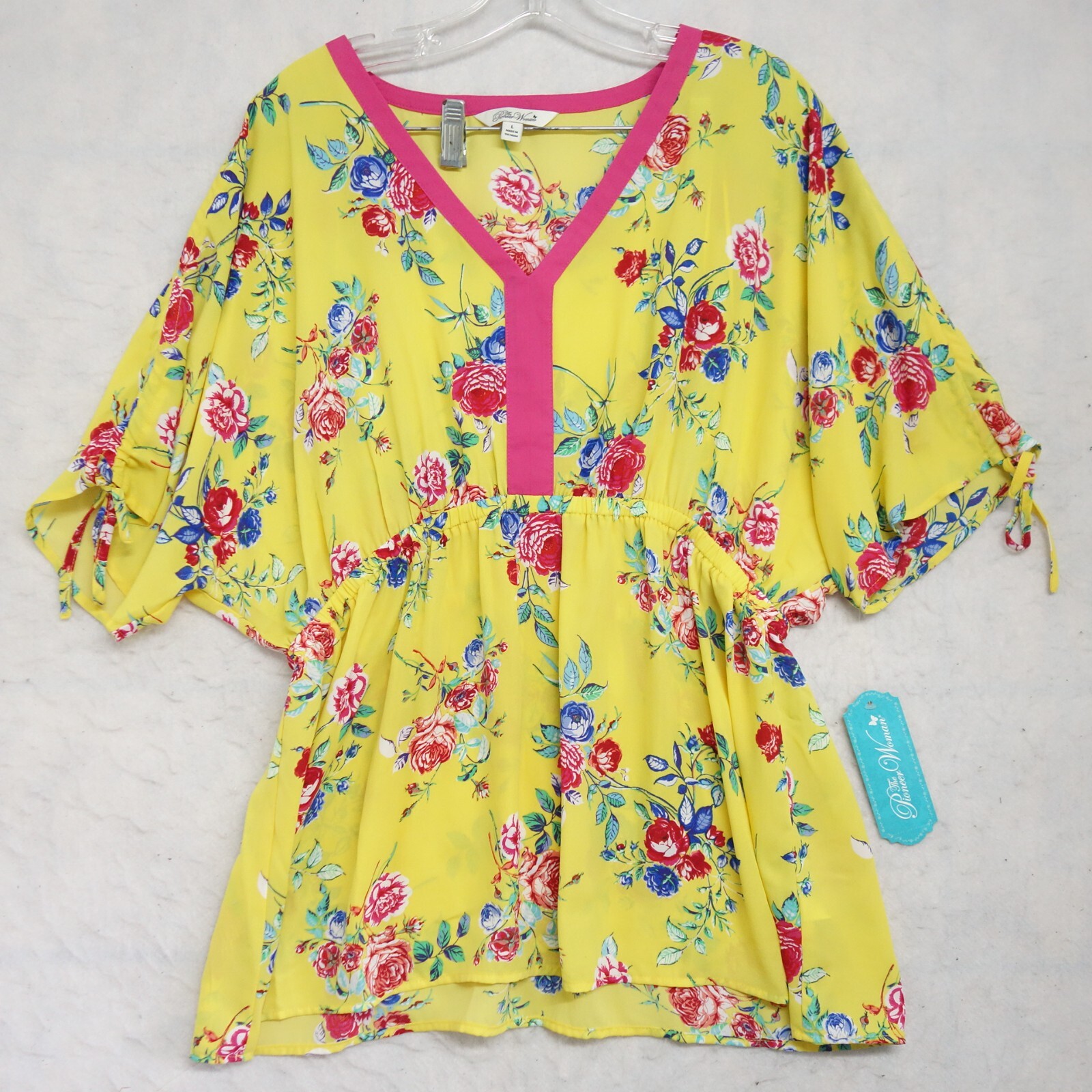 The Pioneer Woman Sleeve DolmanTop Women Size Large Yellow Floral 100% Polyester