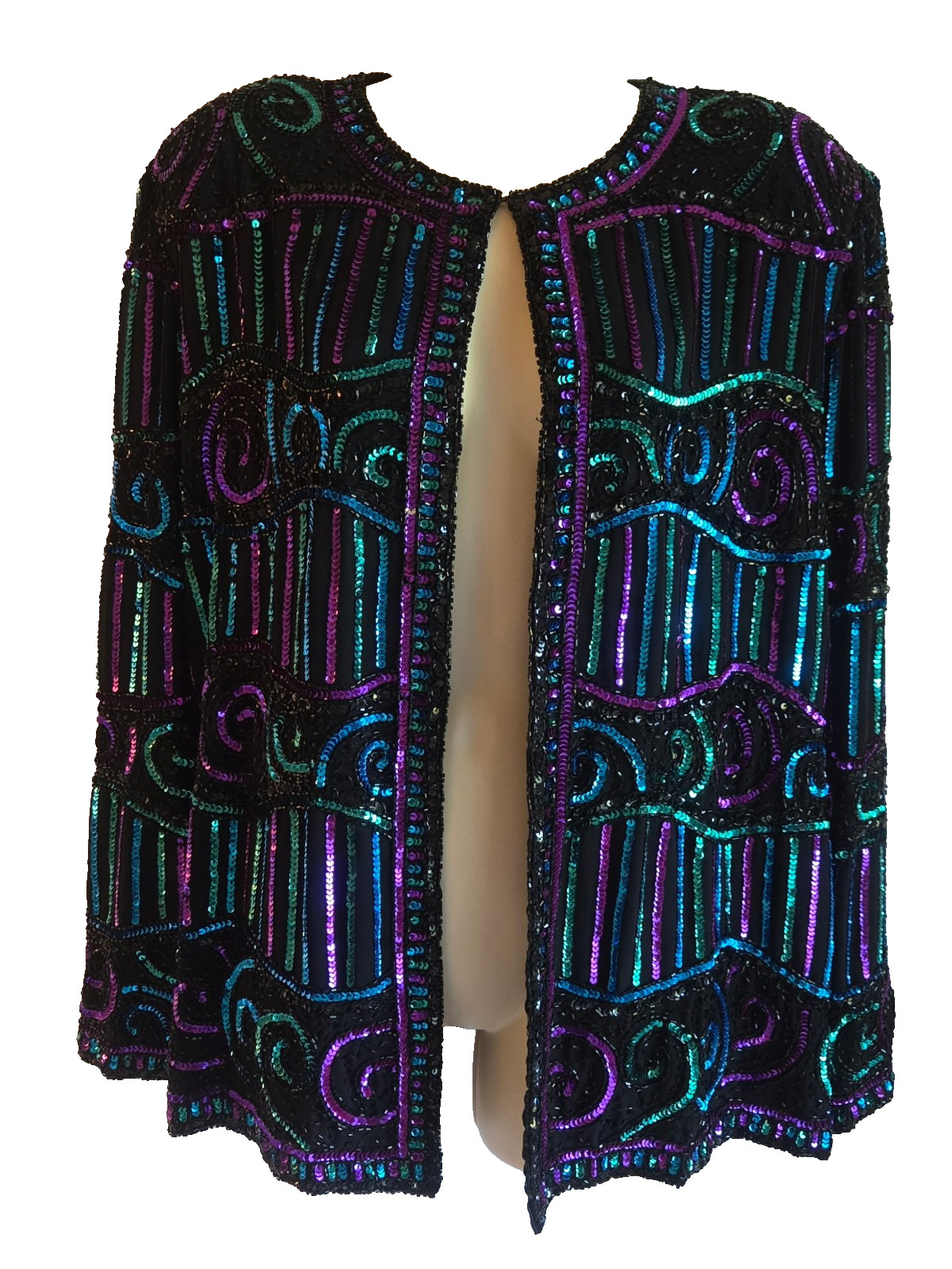 VTG 80s Women’s 2XL Brilliante Sequin Beaded Jacket Black Blue Purple Green, EUC