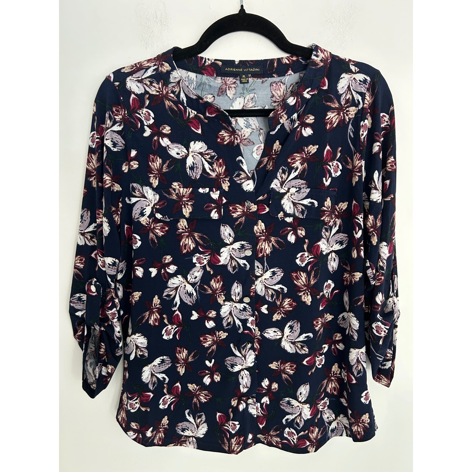 Adrienne Vittadini Navy Floral Roll Tab Sleeve Lightweight Comfy Blouse PL