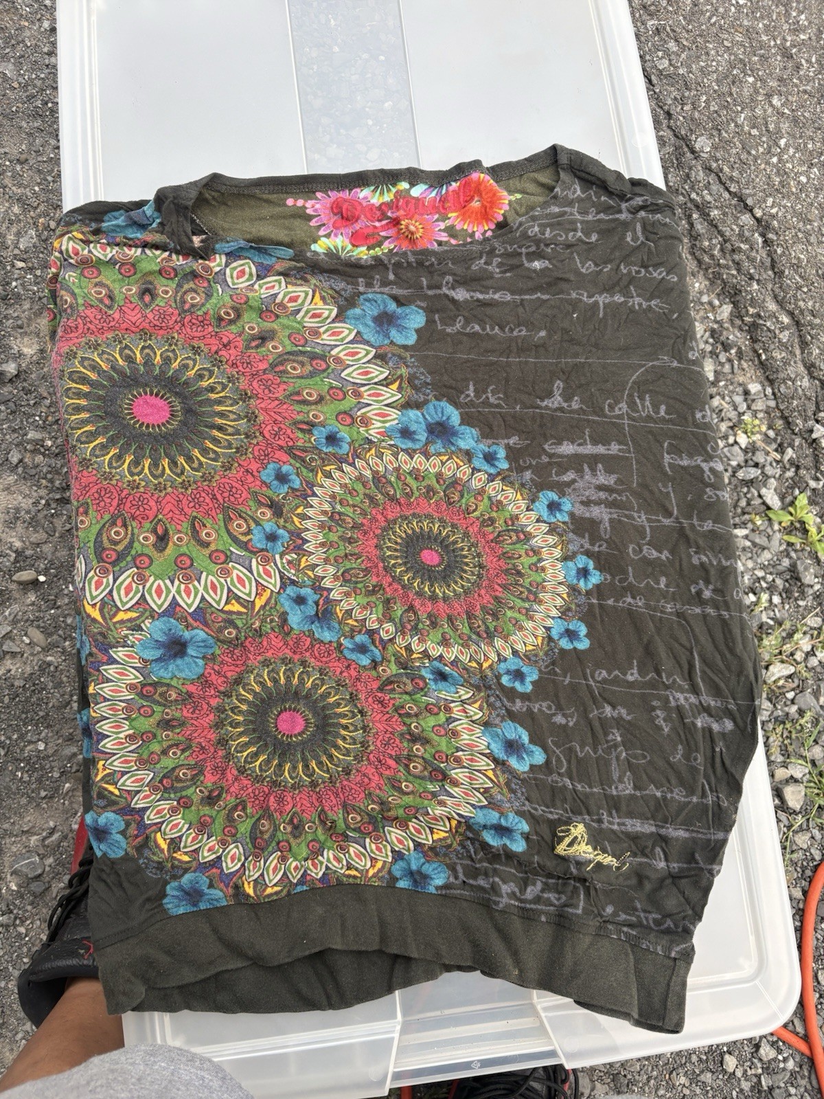 Desigual Womens Blouse Black Top Pink Green Blue Mandala Short Sleeve Size M