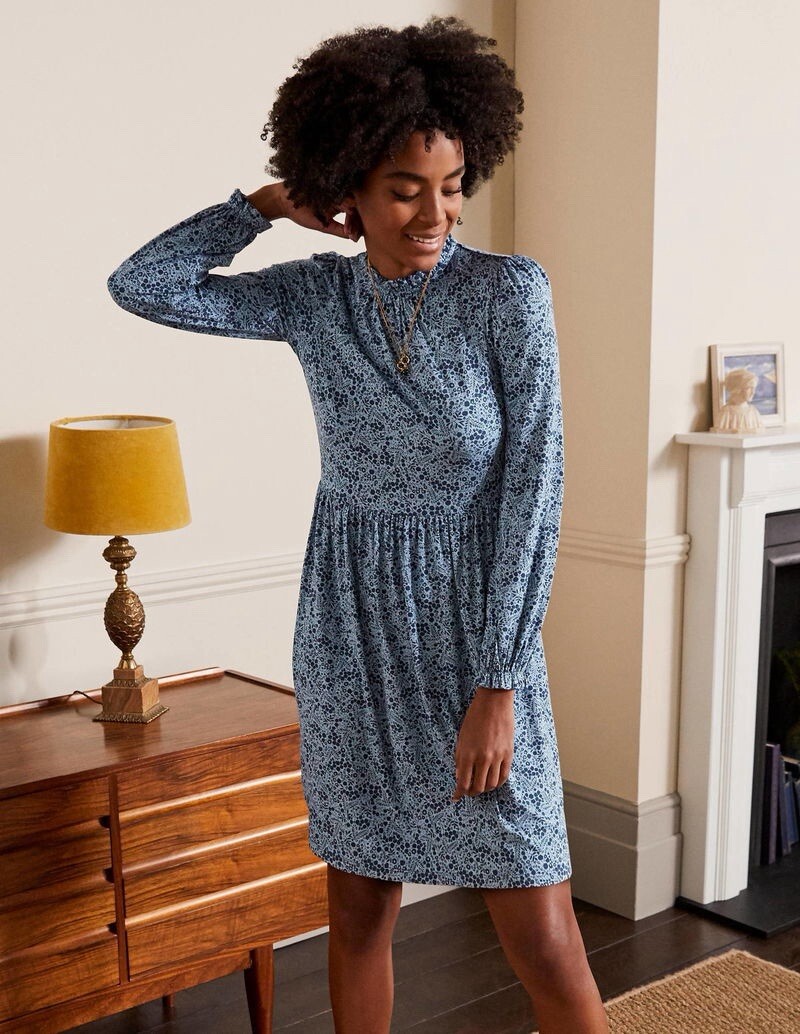 Boden Clara Frost Blue Navy Floral Jersey Dress – BNWT – Size 8 R