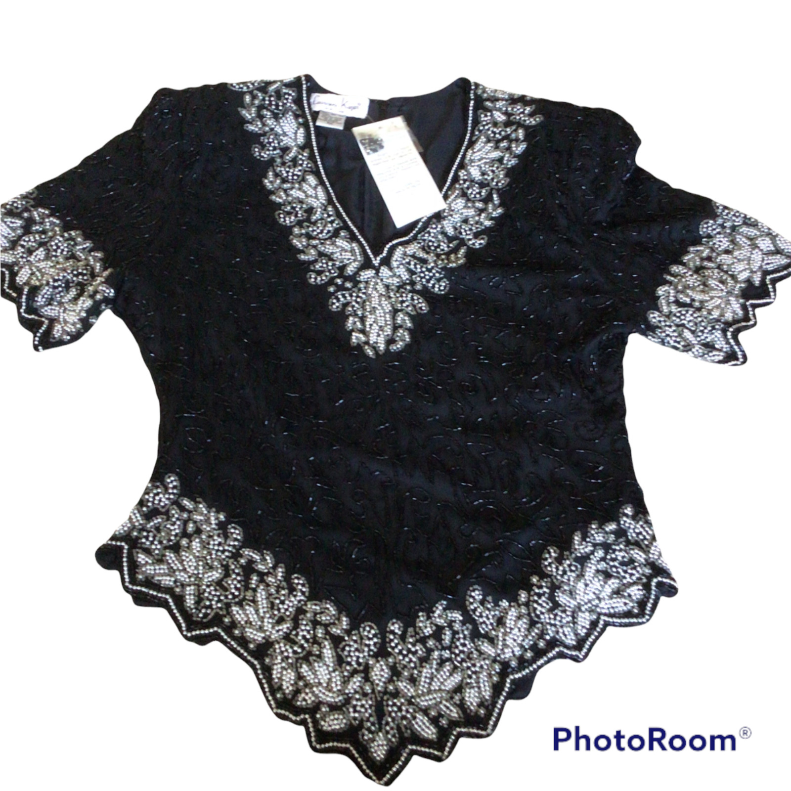 Lawrence Kazar Women’s Size PM Petite Medium Black Silver beaded Zip Silk Shell