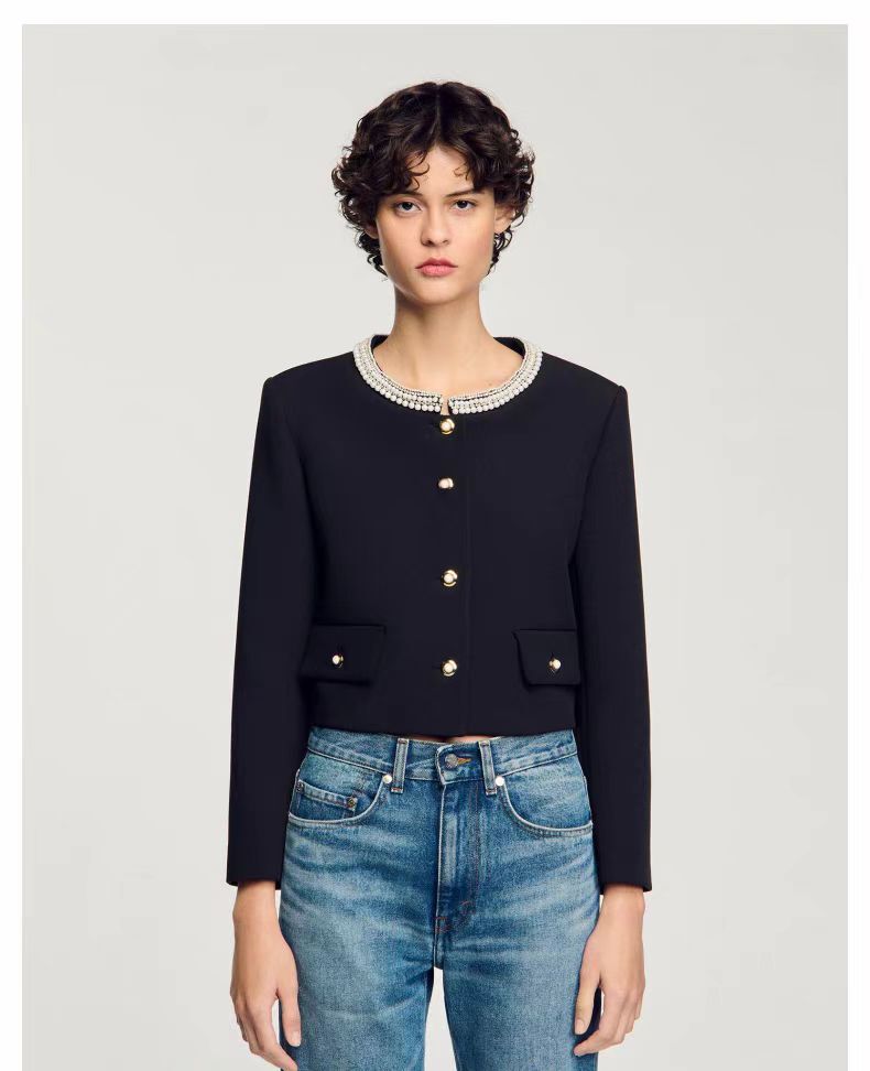NEW Sandro Diamond moulding Pearl button jacket black Crew neck top Coats