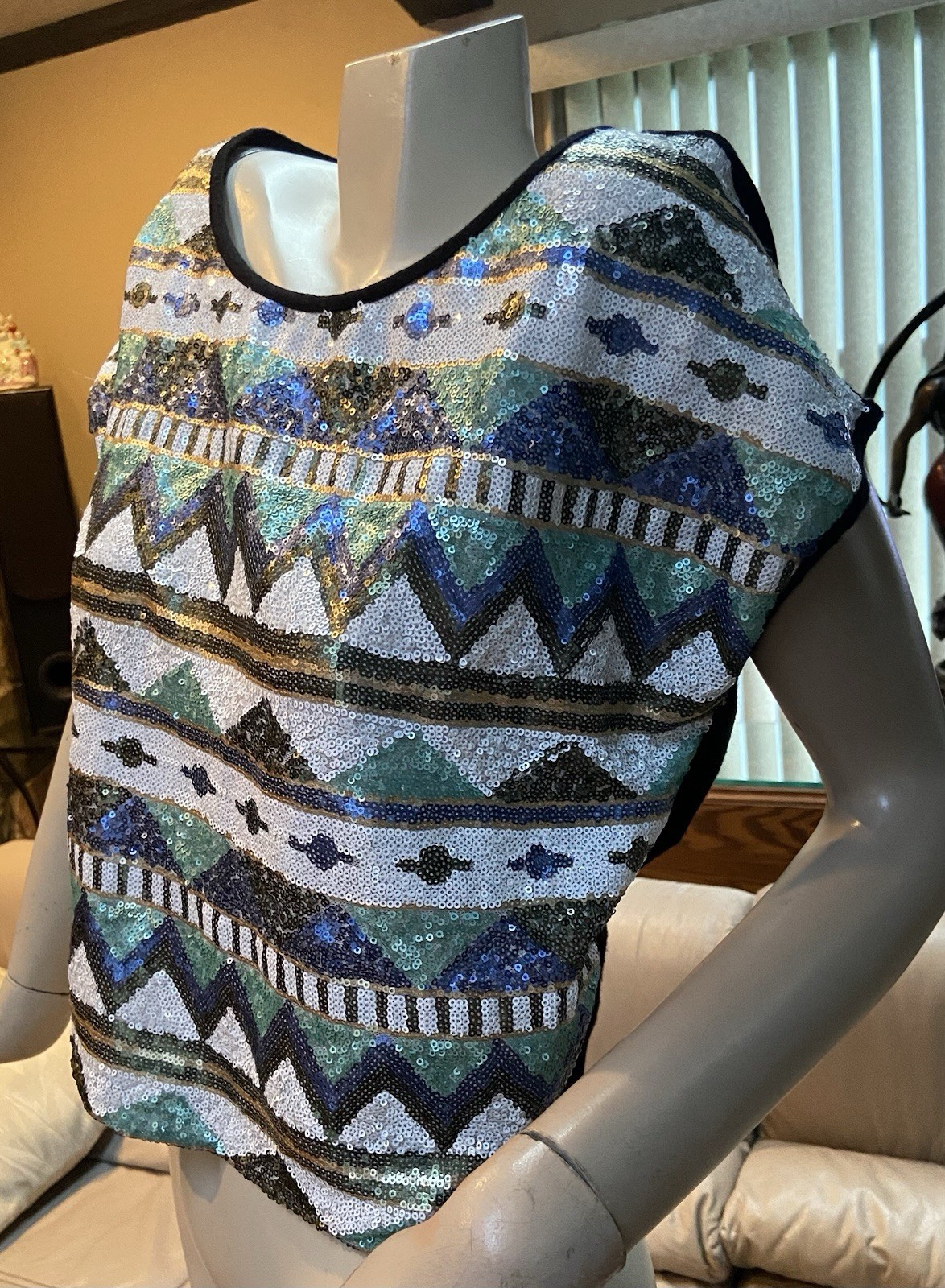 Dazzling Clear Sequins pullover top geometric design, soft,fabric U.S.A. SIZE L